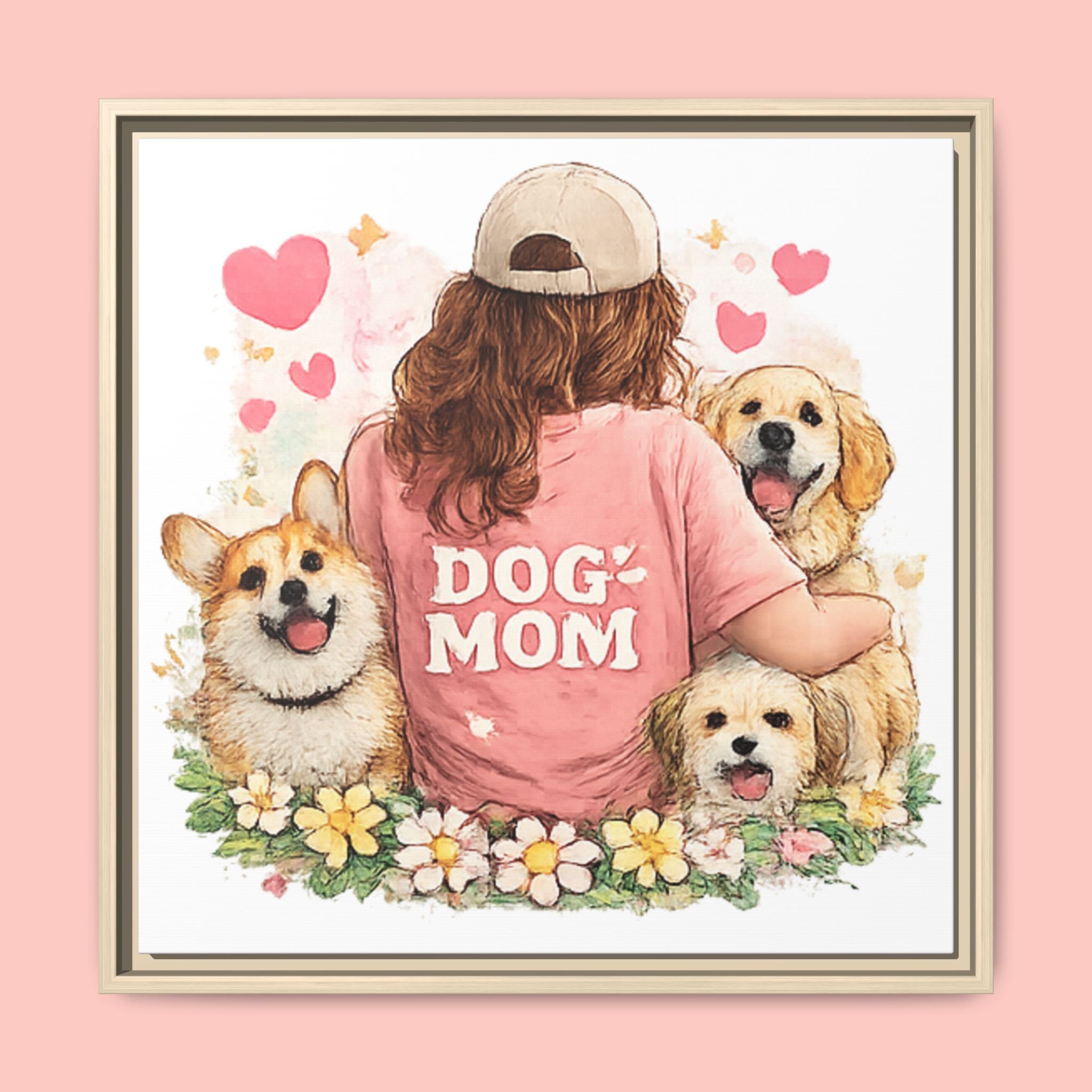 Dog Mom Canvas Print — Framed Matte Wall Art with Cute Dogs & Hearts