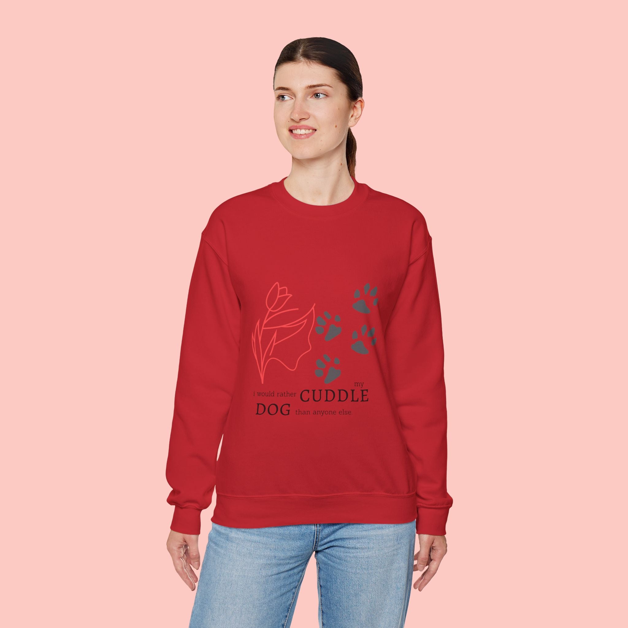 Dog Cuddle Crewneck Sweatshirt – Paw Print & Floral Cozy Pullover