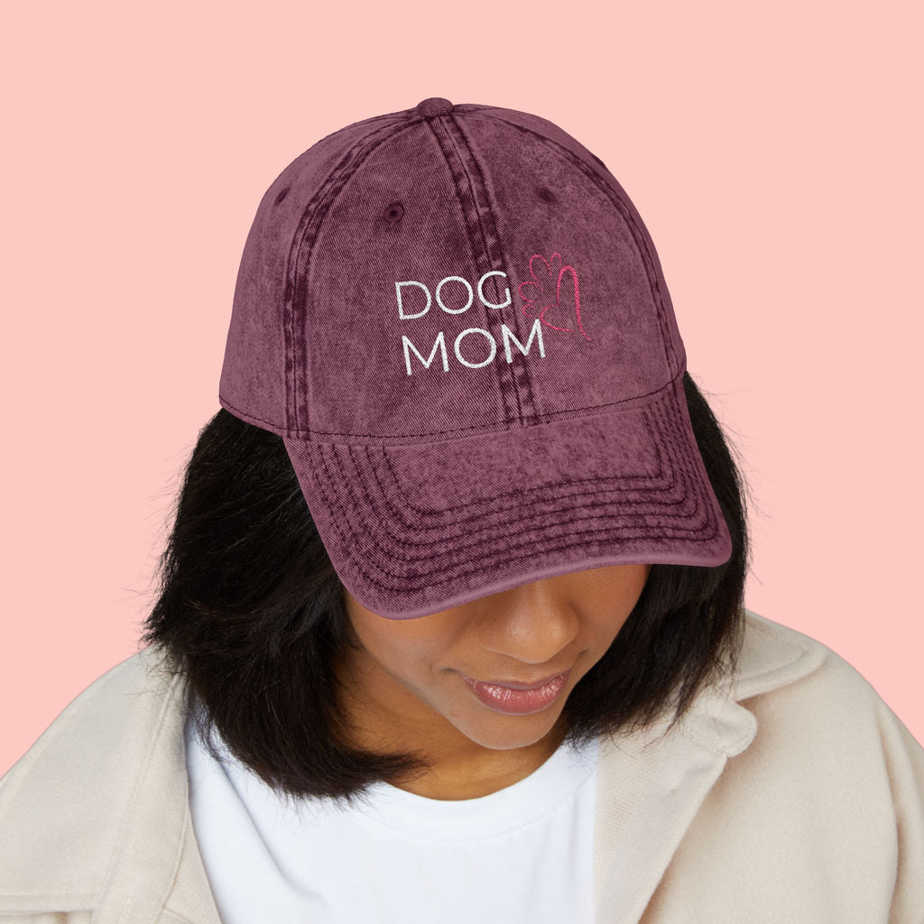 Vintage Embroidered 'DOG MOM' Cap — Washed Red Baseball Hat for Dog Lovers