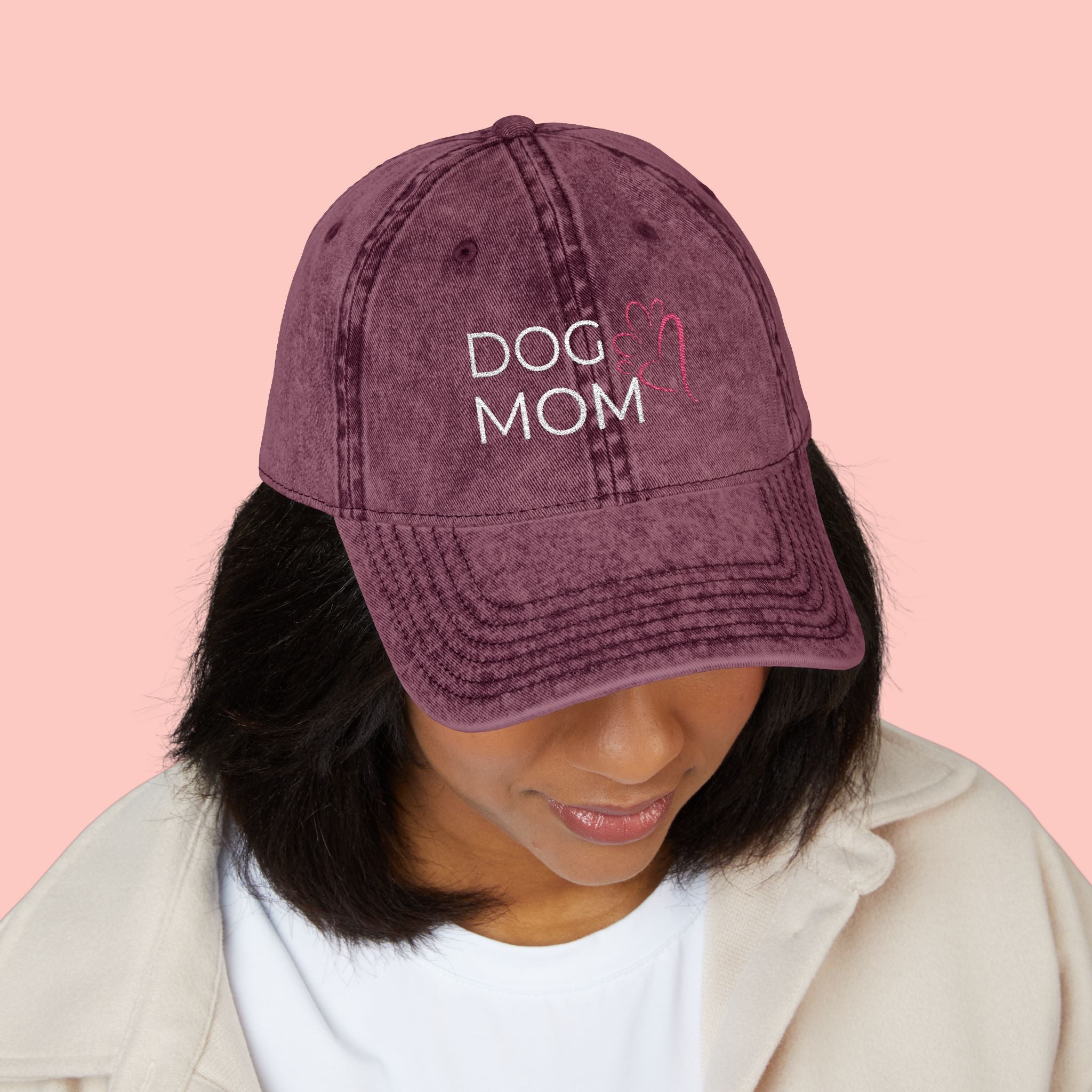 Vintage Embroidered 'DOG MOM' Cap — Washed Red Baseball Hat for Dog Lovers