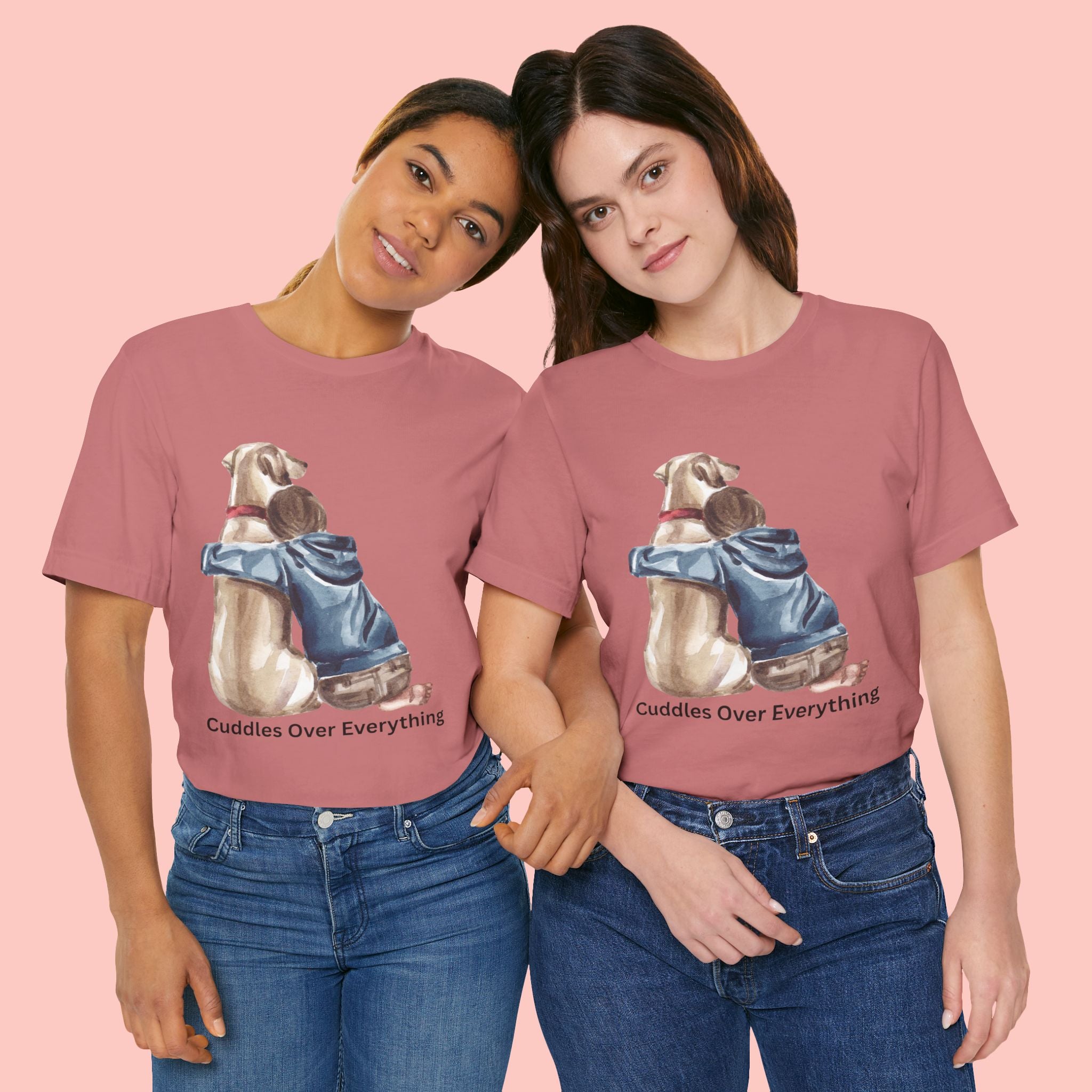 Cuddles Over Everything Tee — Boy Hugging Dog Animal Lover T-Shirt