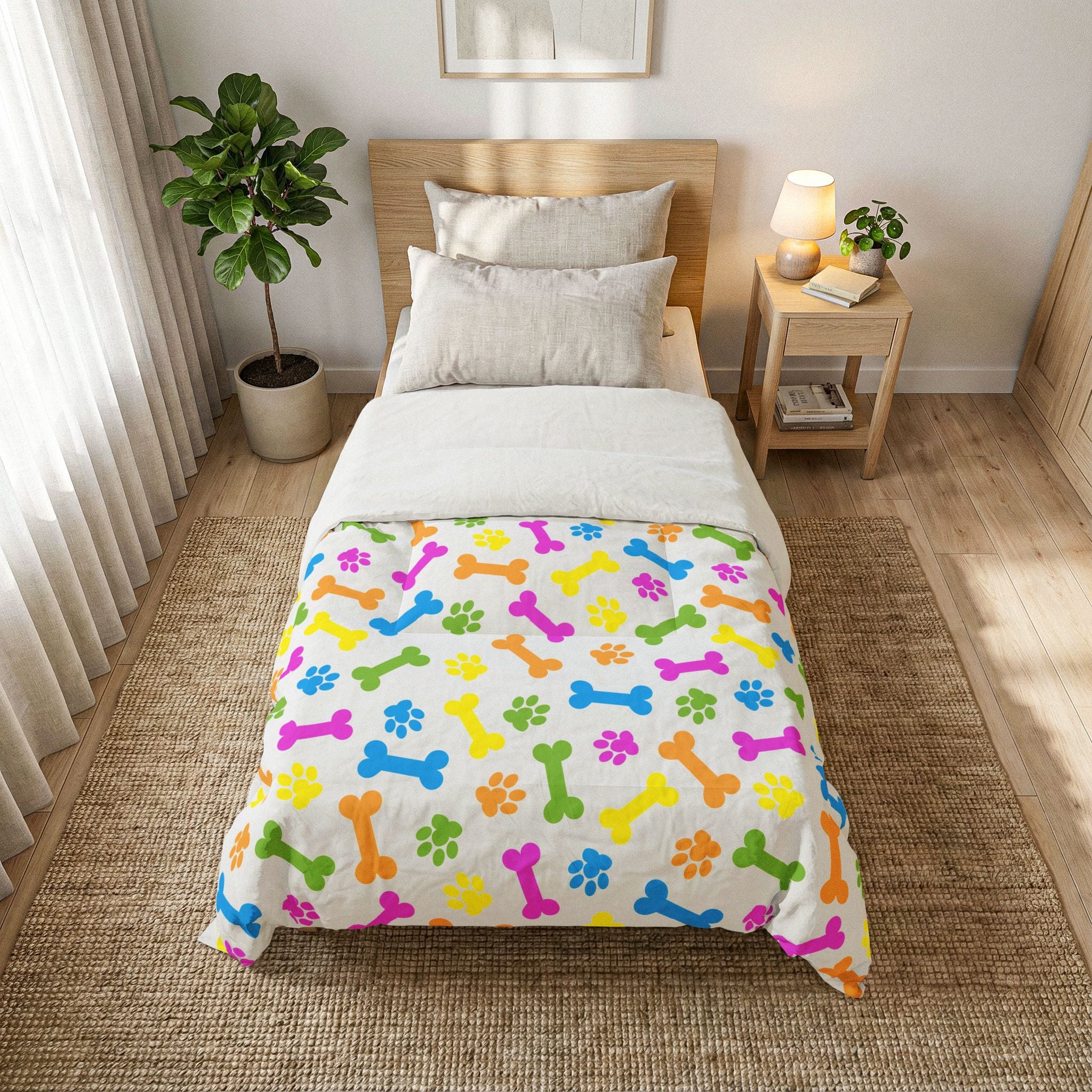 Colorful Dog Bone & Paw Print Cotton Comforter — Pet Lover Bedspread