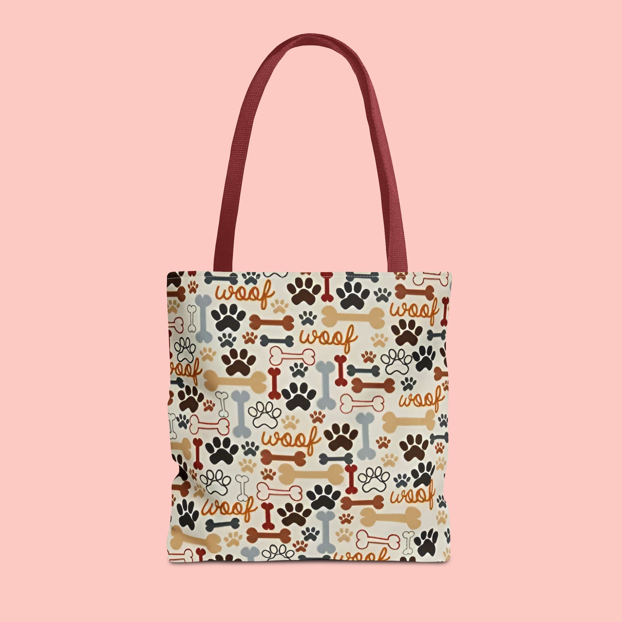 Dog Paw & Bone Pattern Tote Bag — 'Woof' All-Over Print Canvas Tote