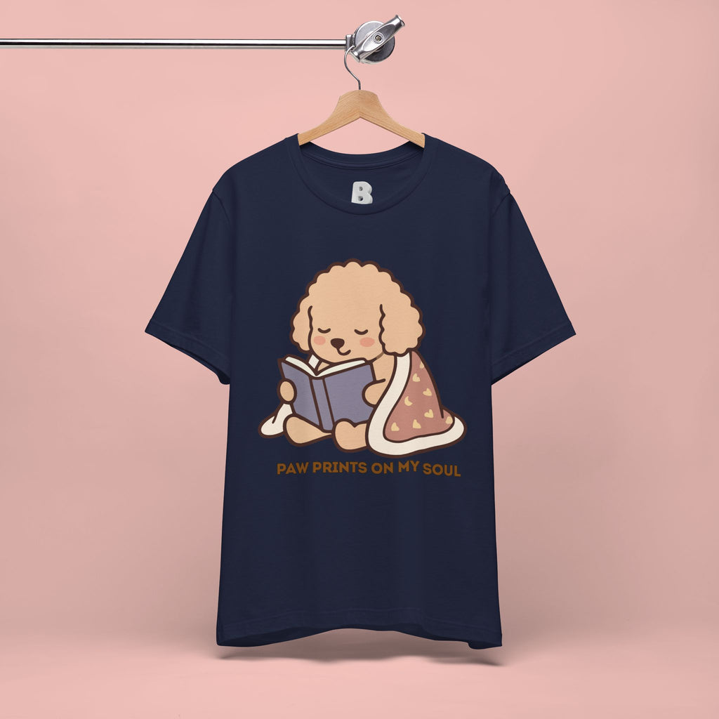 Paw Prints On My Soul T‑Shirt — Cute Reading Puppy Graphic Tee