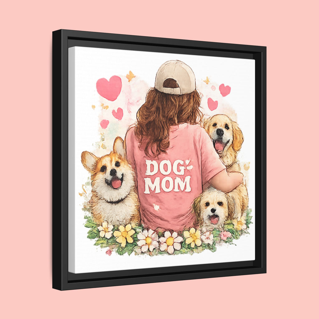 Dog Mom Canvas Print — Framed Matte Wall Art with Cute Dogs & Hearts