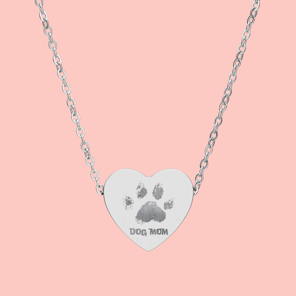 Heart Necklace — Engraved "Dog Mom" Paw Print Pendant