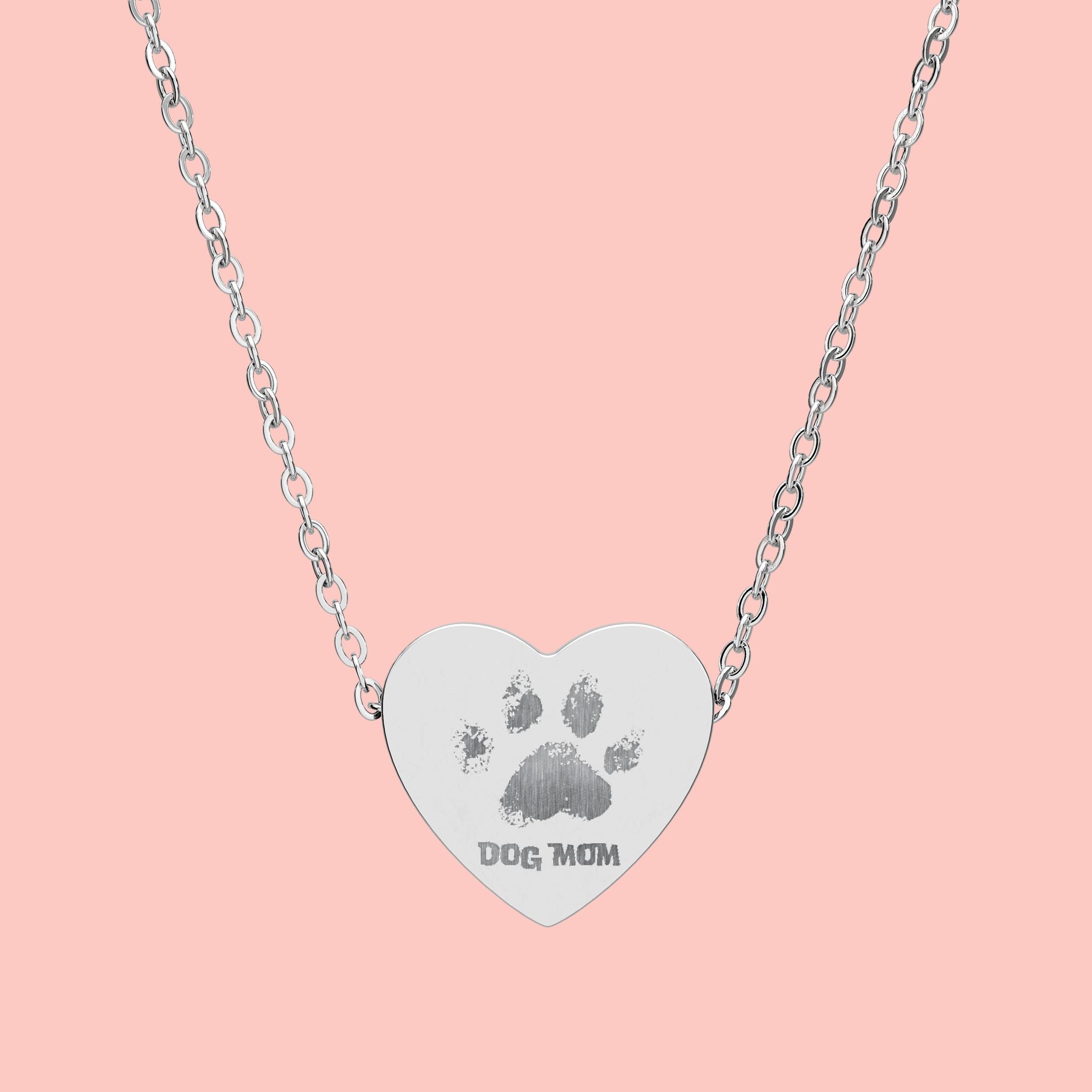 Heart Necklace — Engraved "Dog Mom" Paw Print Pendant