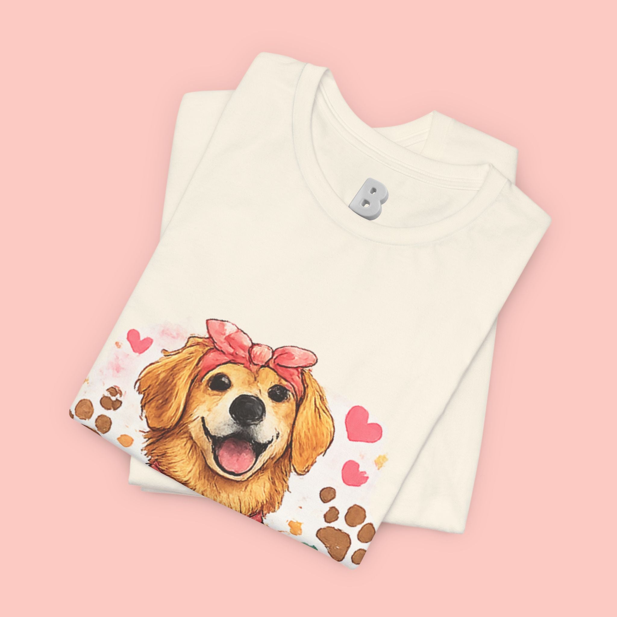 Dog Mom T-Shirt – Cute Golden Retriever Design with Hearts & Paw Prints
