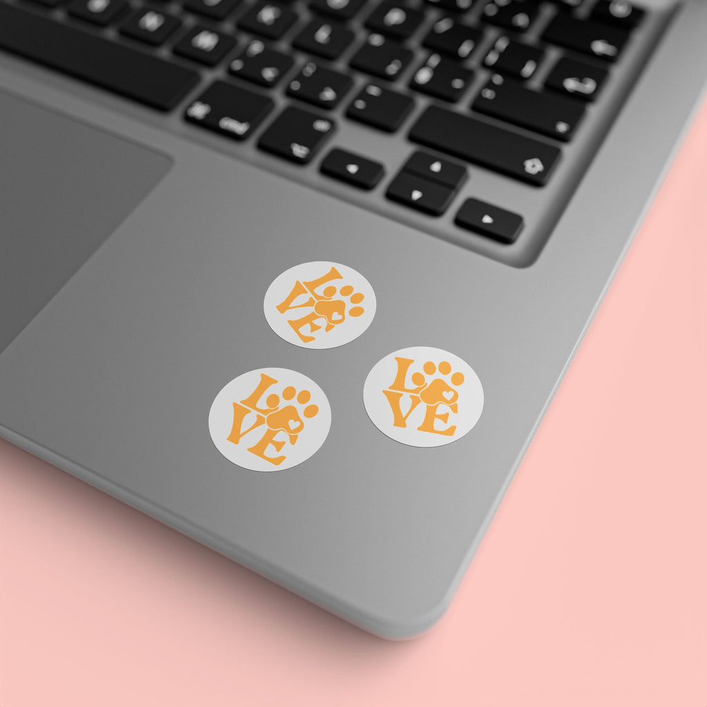 Round Pet Love Sticker Labels — Paw Print "LOVE" Roll