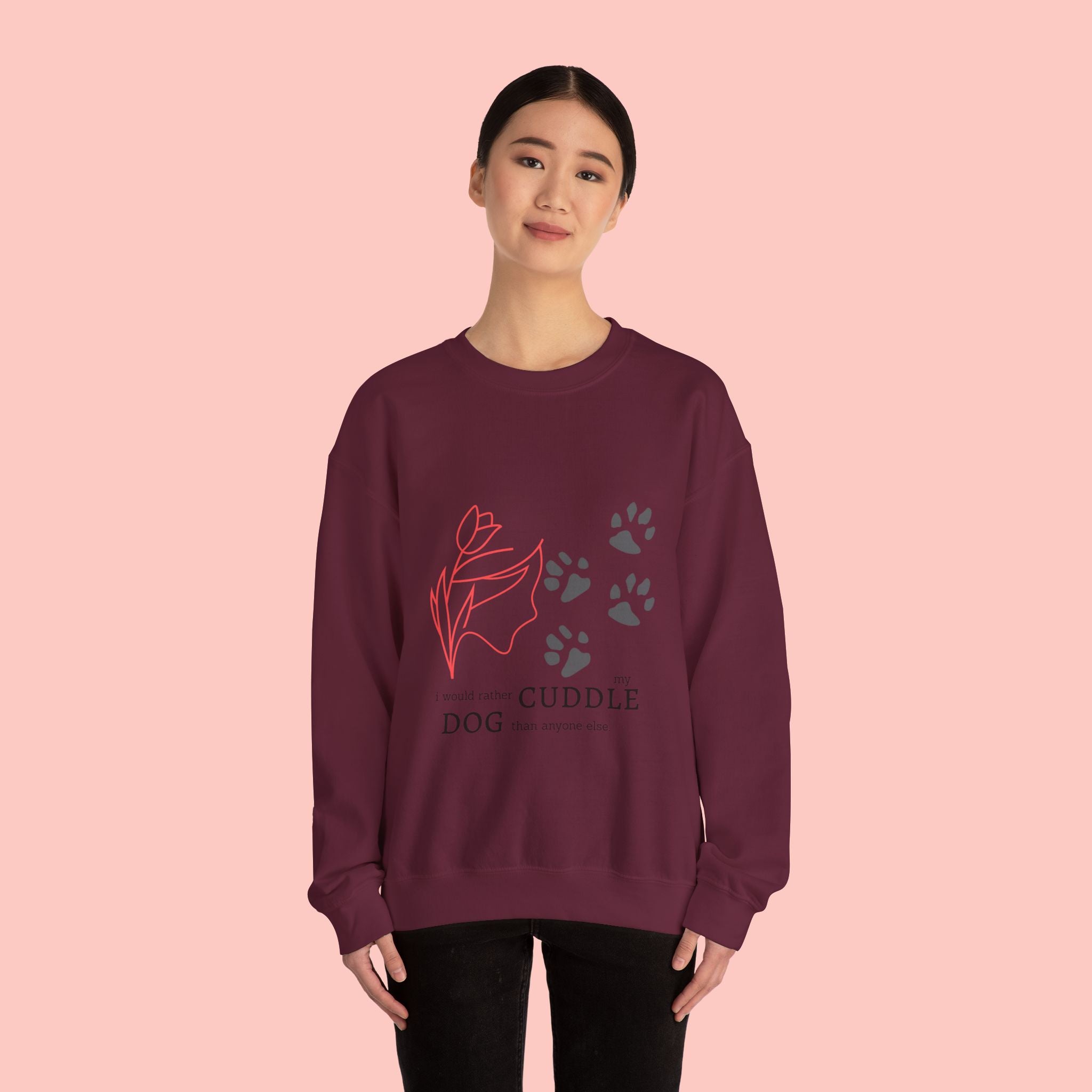 Dog Cuddle Crewneck Sweatshirt – Paw Print & Floral Cozy Pullover