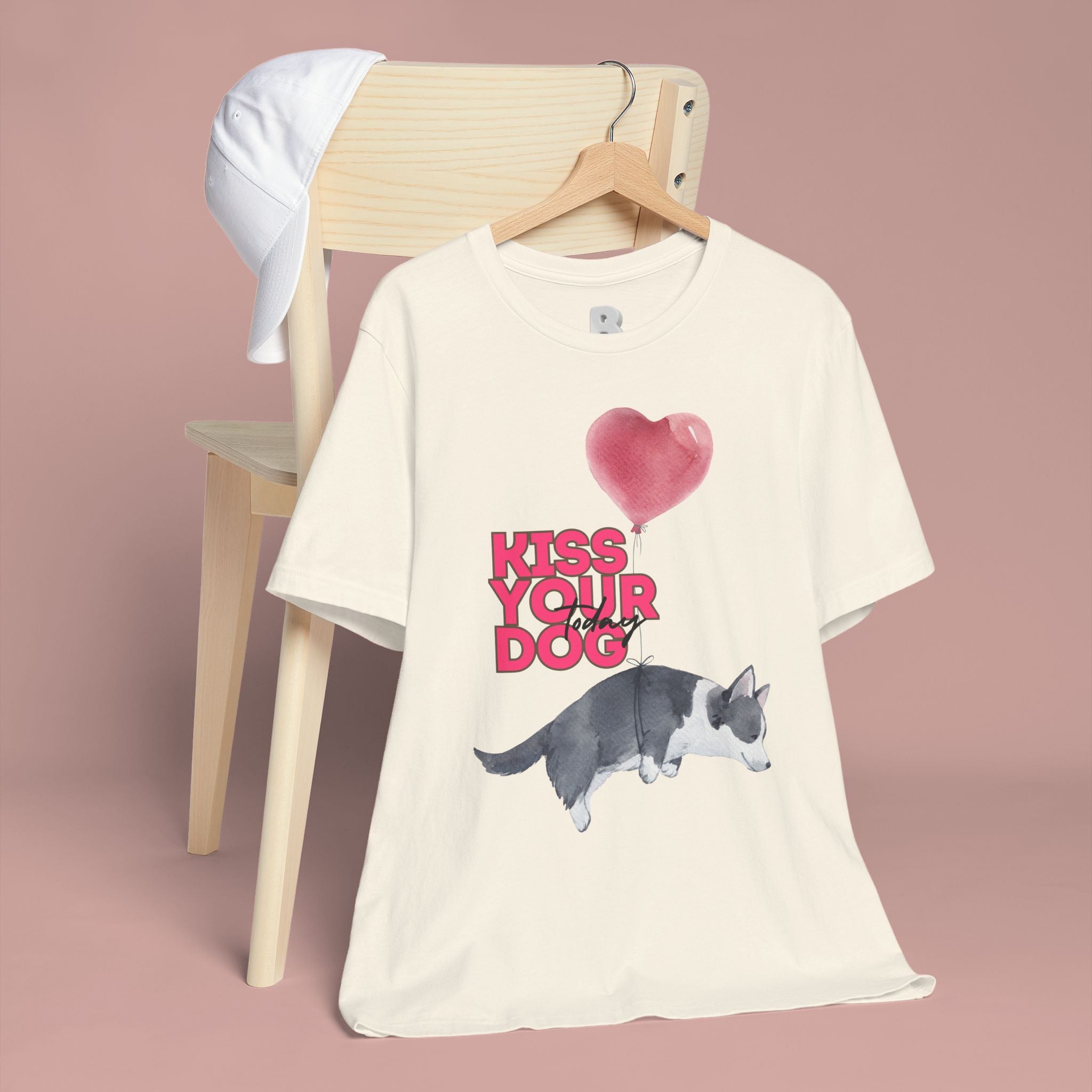 Kiss Your Dog T-Shirt — Cute Corgi with Heart Balloon Pet Lover Tee