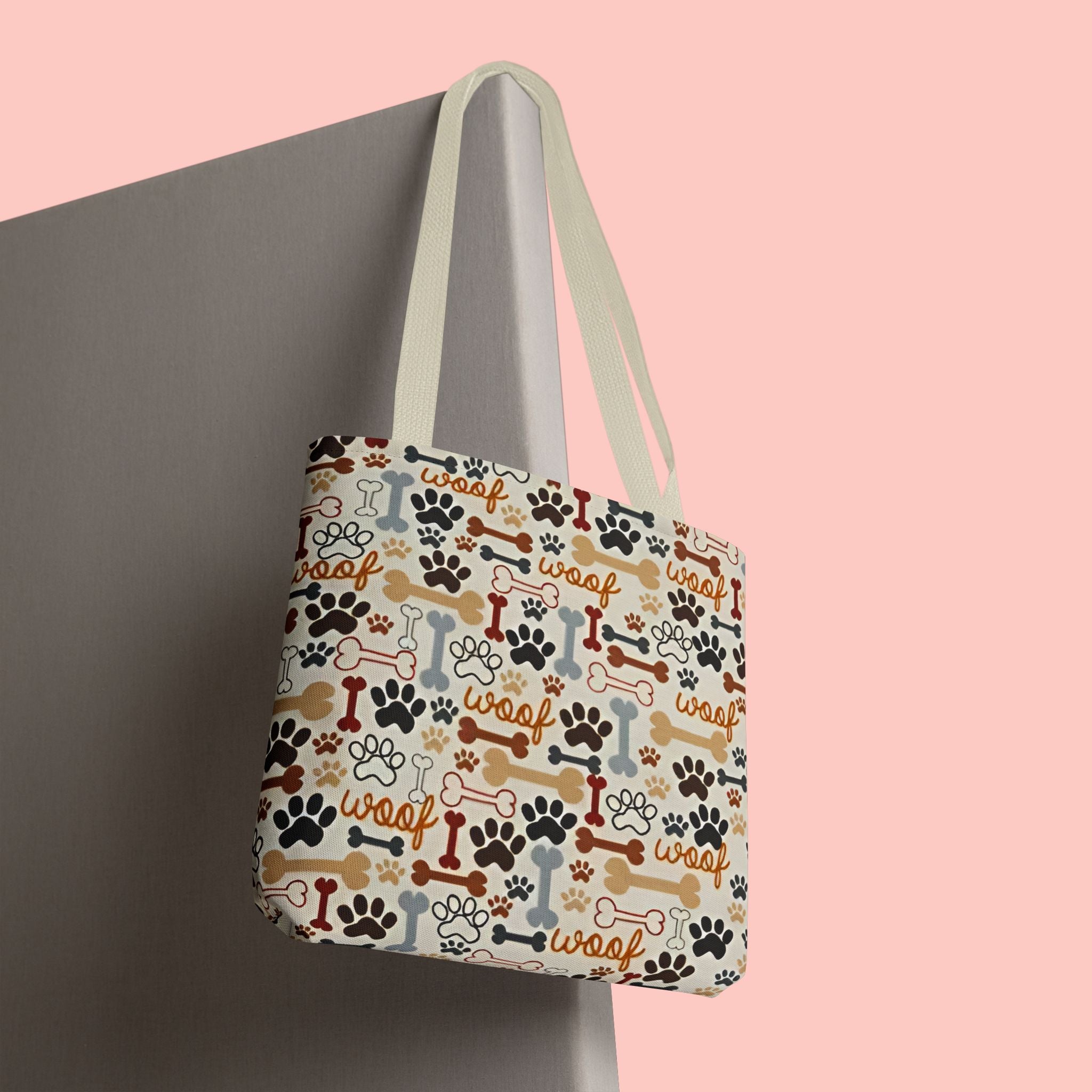 Dog Paw & Bone Pattern Tote Bag — 'Woof' All-Over Print Canvas Tote