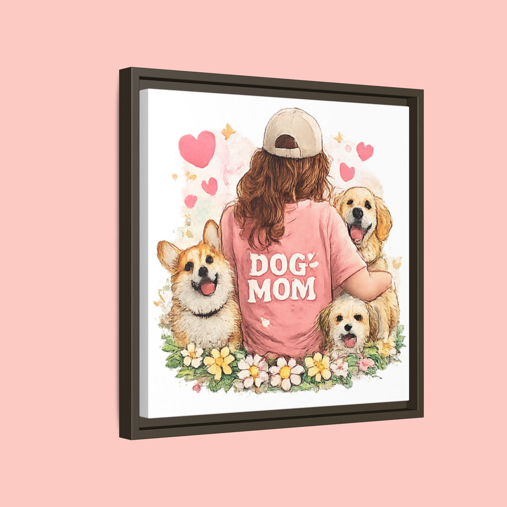 Dog Mom Canvas Print — Framed Matte Wall Art with Cute Dogs & Hearts