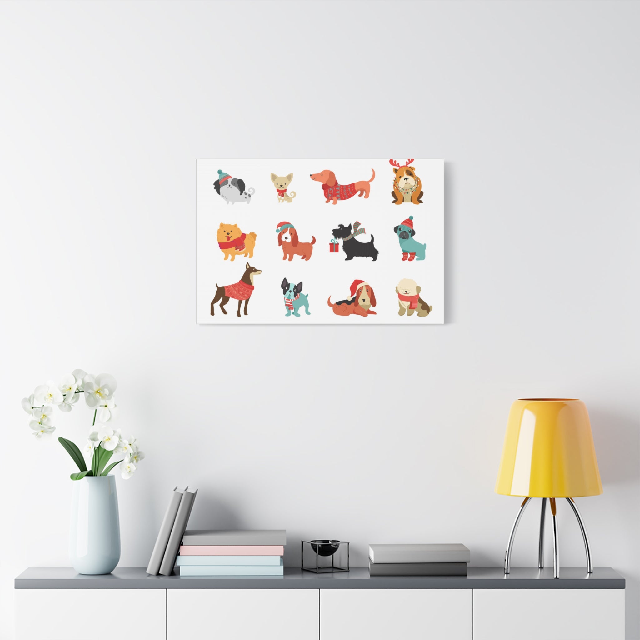 Holiday Dogs Canvas Wall Art — Cute Dachshund, Pug & Mixed Breeds in Winter Sweaters