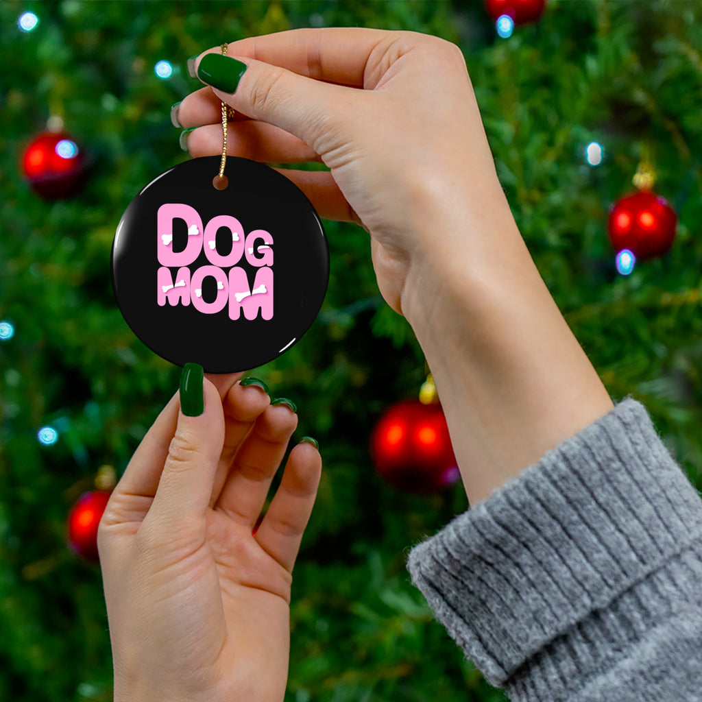 Dog Mom Ceramic Ornament — Pink Heart Typography Holiday Decoration