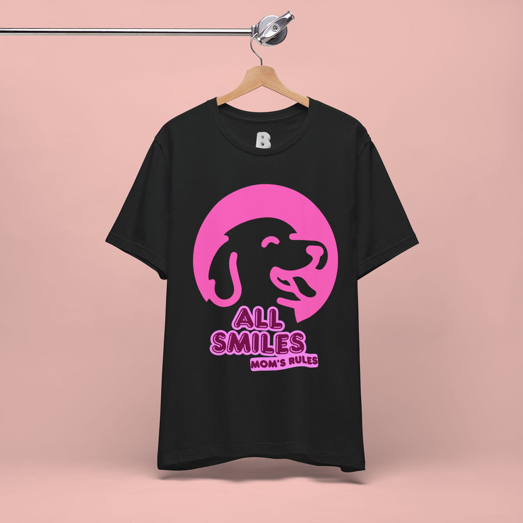 All Smiles Mom's Rules T-Shirt — Cute Pink Dog Graphic Tee for Moms & Pet Lovers