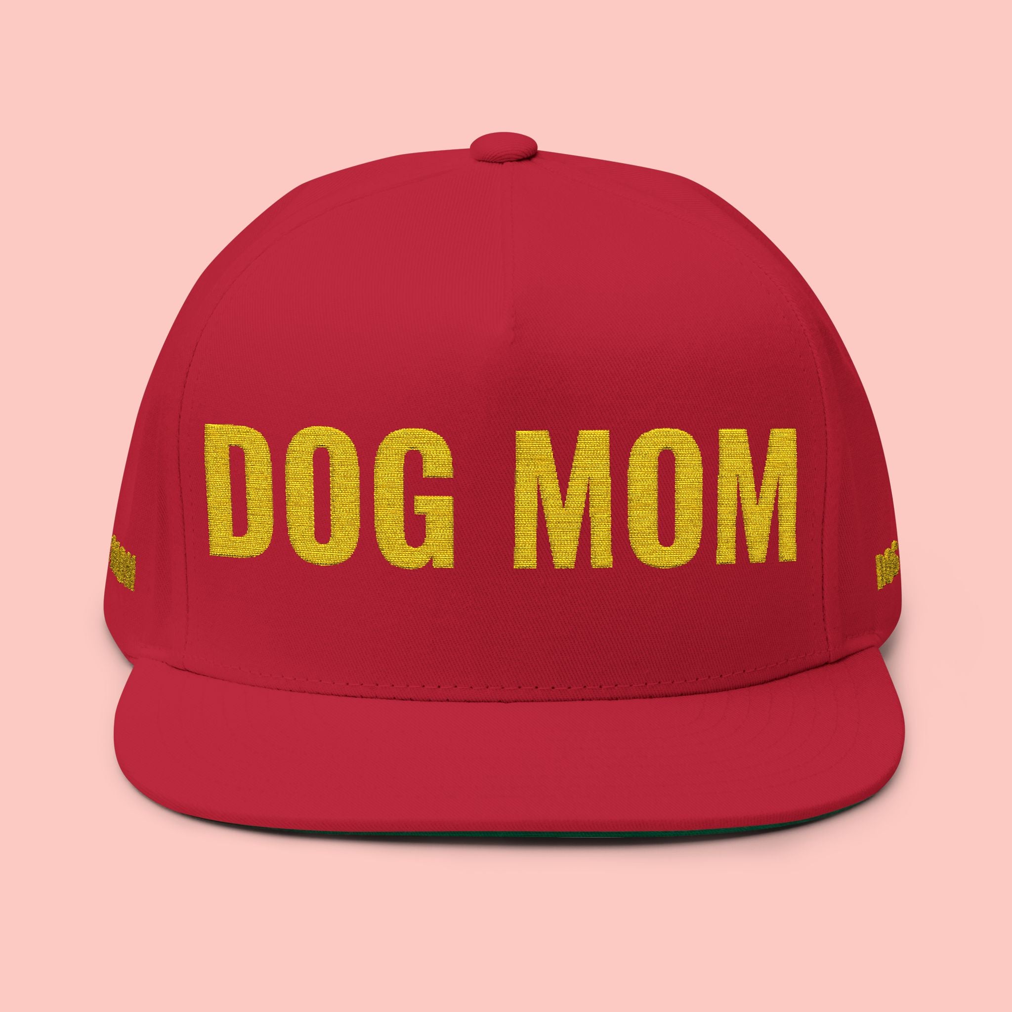 Dog Mom Flat Bill Cap — Embroidered Gold Sparkle