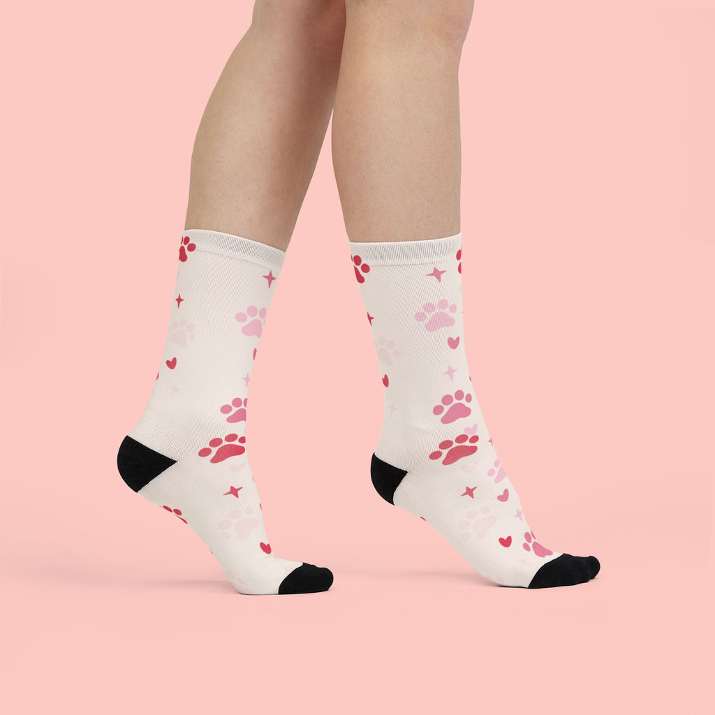 Paw Print Crew Socks — Pink Heart & Paw Sublimation Socks