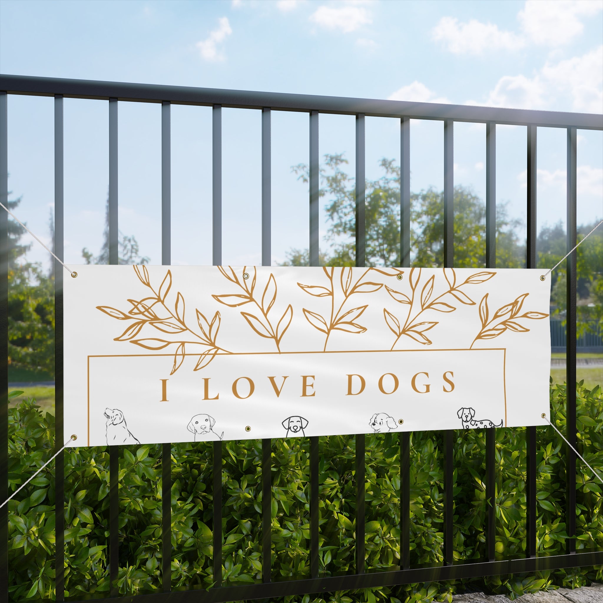 Matte Banner — I Love Dogs Decorative Outdoor/Indoor Sign with Gold Leaf Illustration