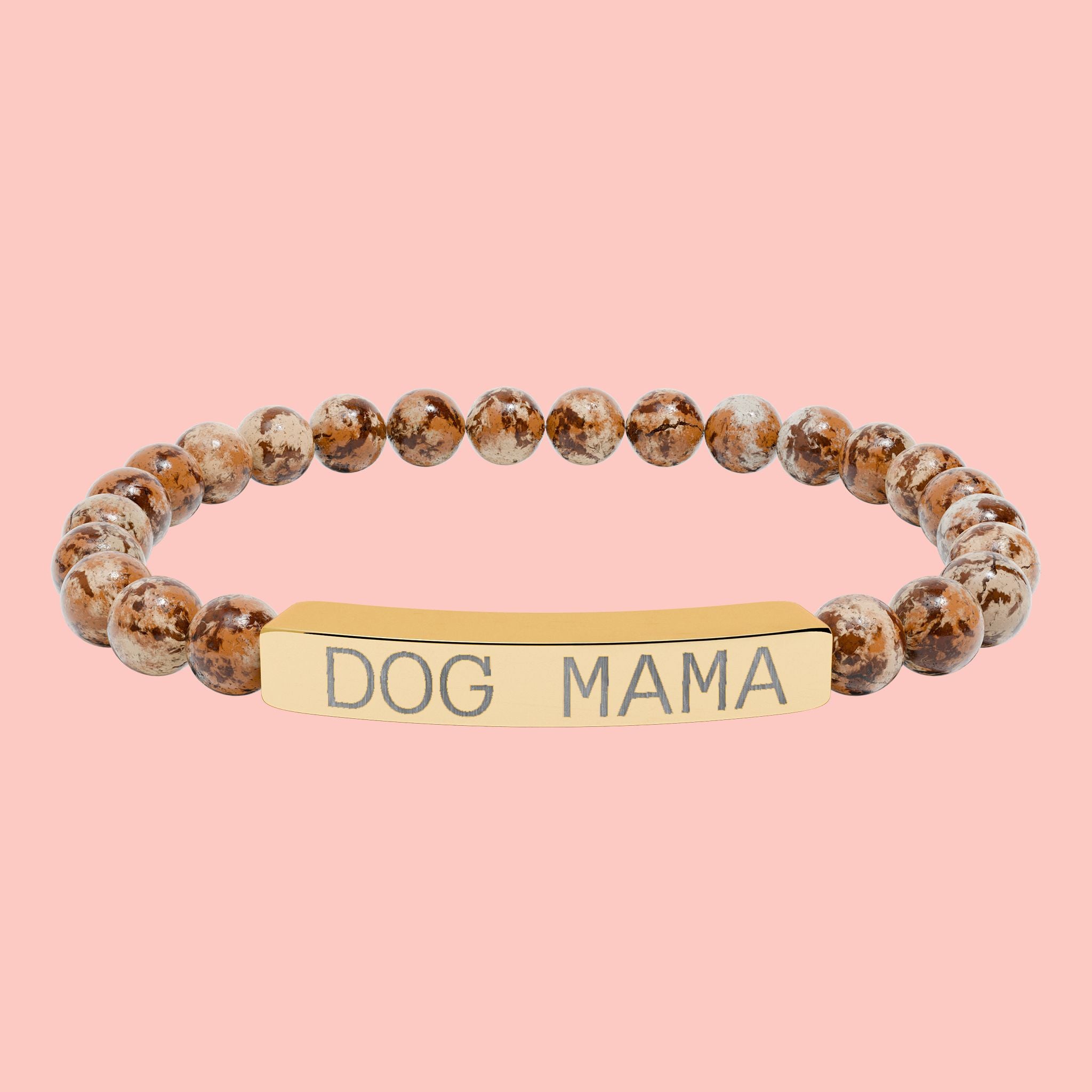 Dog Mama Natural Stone Stretch Bracelet — Engraved Bar Beaded Bracelet