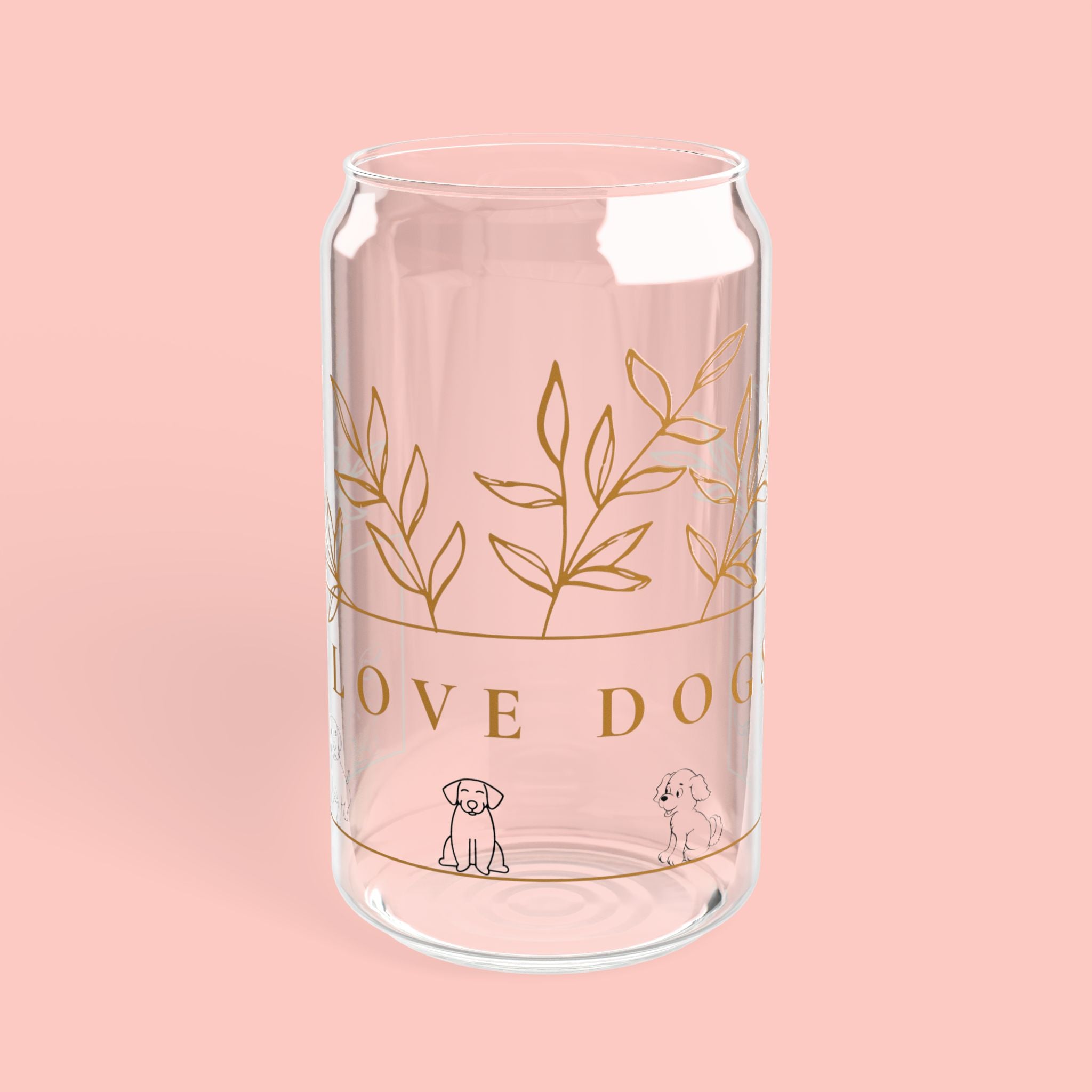 16oz Glass Sipper Tumbler — “Love Dogs” Botanical Design with Bamboo Lid & Straw