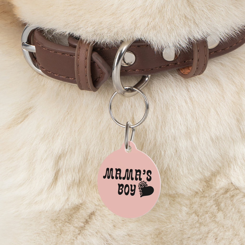 Pet Tag — “Mama’s Boy” Pink Round Dog/Cat ID Tag