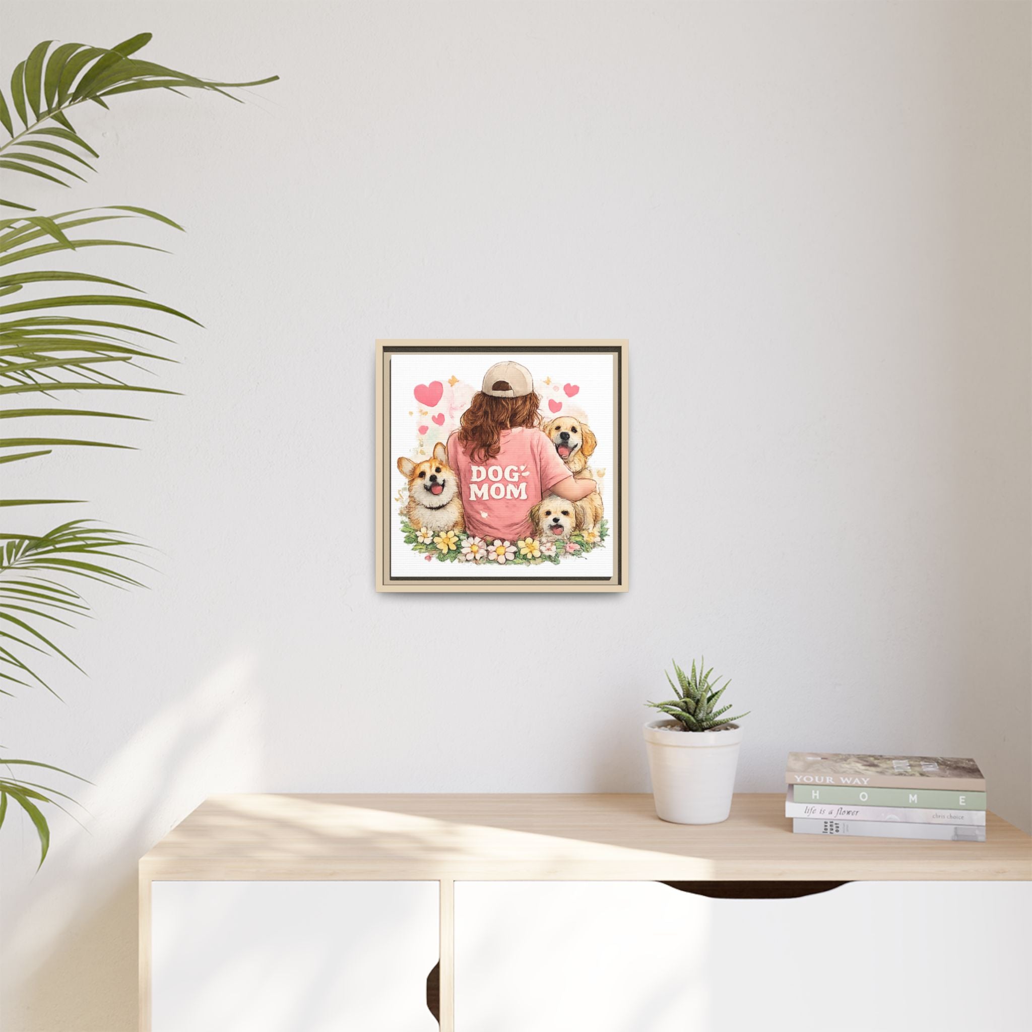 Dog Mom Canvas Print — Framed Matte Wall Art with Cute Dogs & Hearts