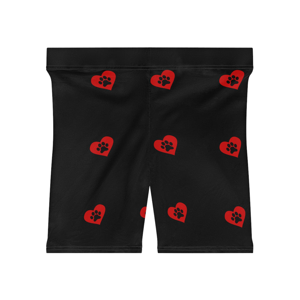 Biker Shorts — Black Red Paw-Print Heart Pattern