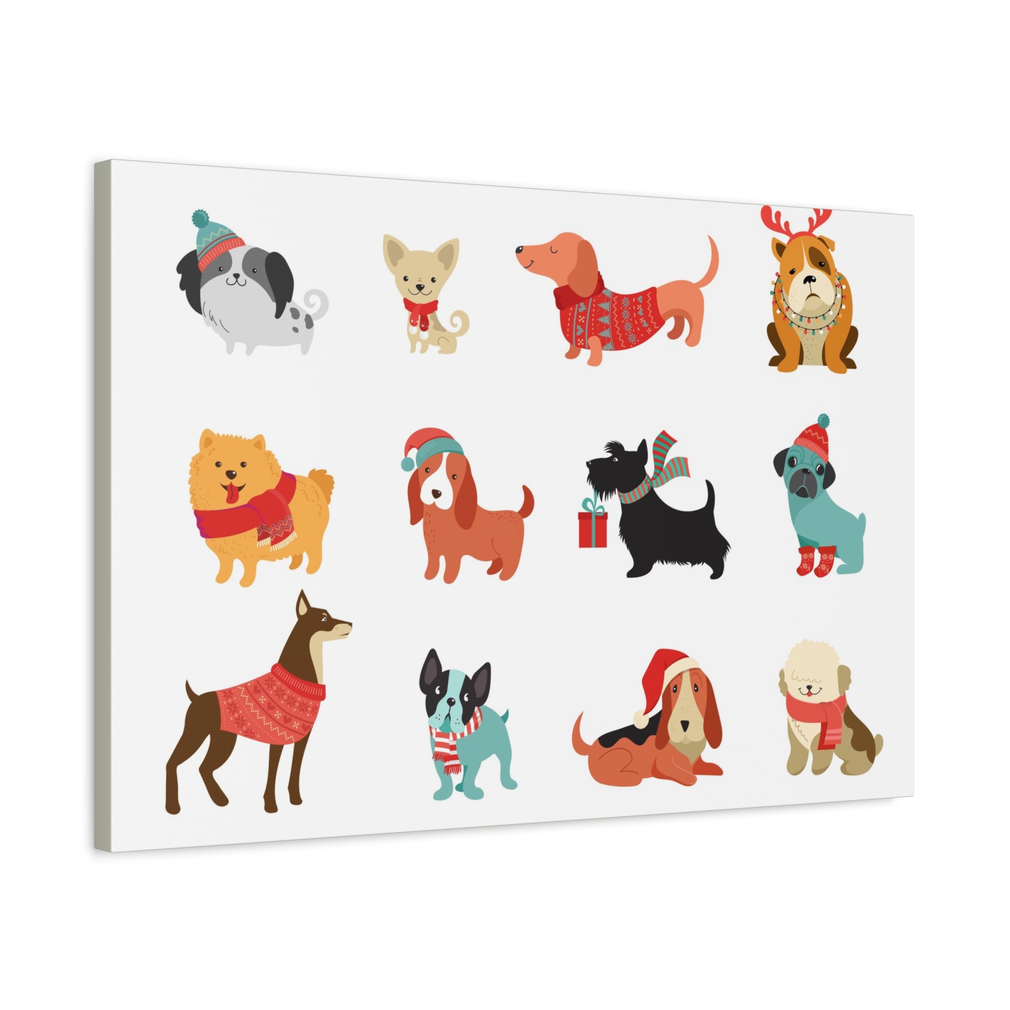 Holiday Dogs Canvas Wall Art — Cute Dachshund, Pug & Mixed Breeds in Winter Sweaters