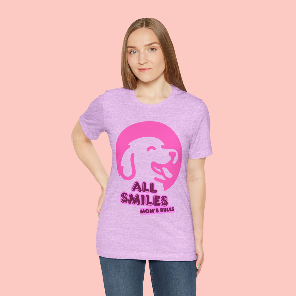 All Smiles Mom's Rules T-Shirt — Cute Pink Dog Graphic Tee for Moms & Pet Lovers