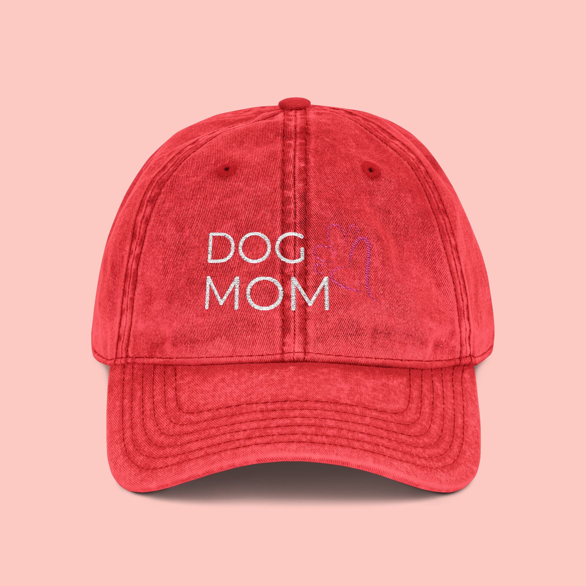 Vintage Embroidered 'DOG MOM' Cap — Washed Red Baseball Hat for Dog Lovers