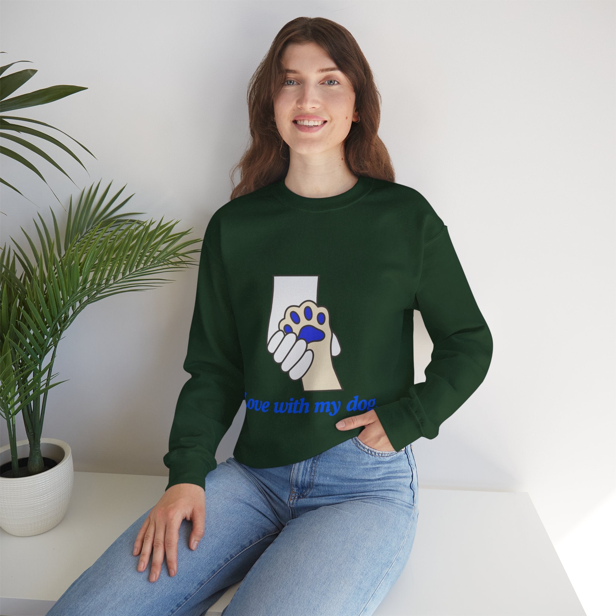 Dog Lover Crewneck Sweatshirt — "Love with my dog." Paw & Hold Graphic