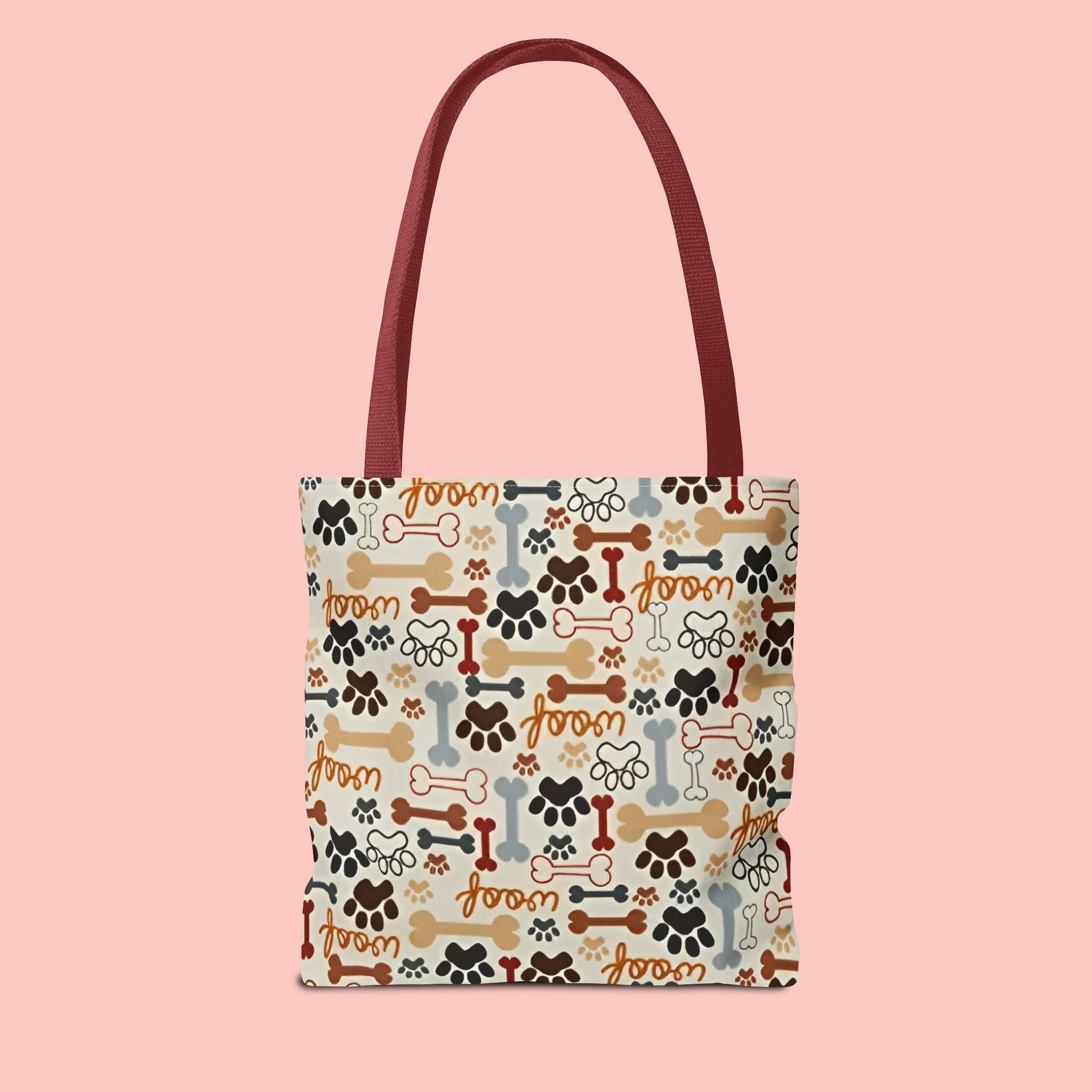 Dog Paw & Bone Pattern Tote Bag — 'Woof' All-Over Print Canvas Tote