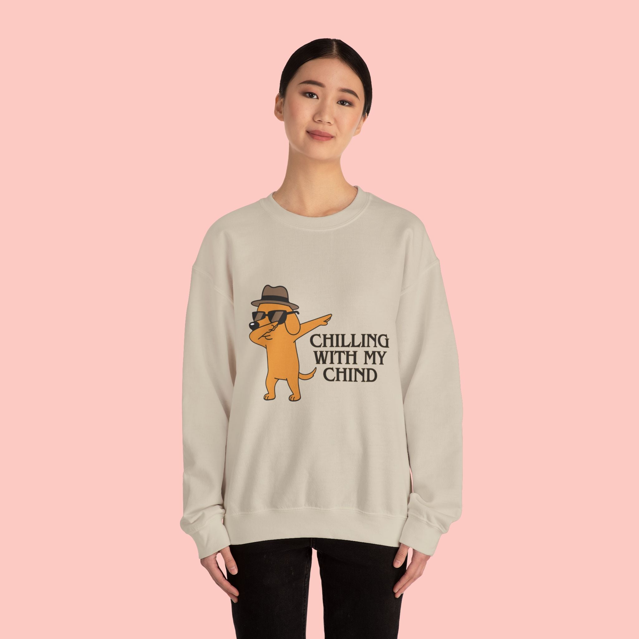 Chilling With My Chind Crewneck Sweatshirt — Funny Dab Dog Graphic Sweatshirt