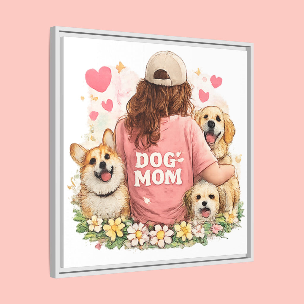 Dog Mom Canvas Print — Framed Matte Wall Art with Cute Dogs & Hearts