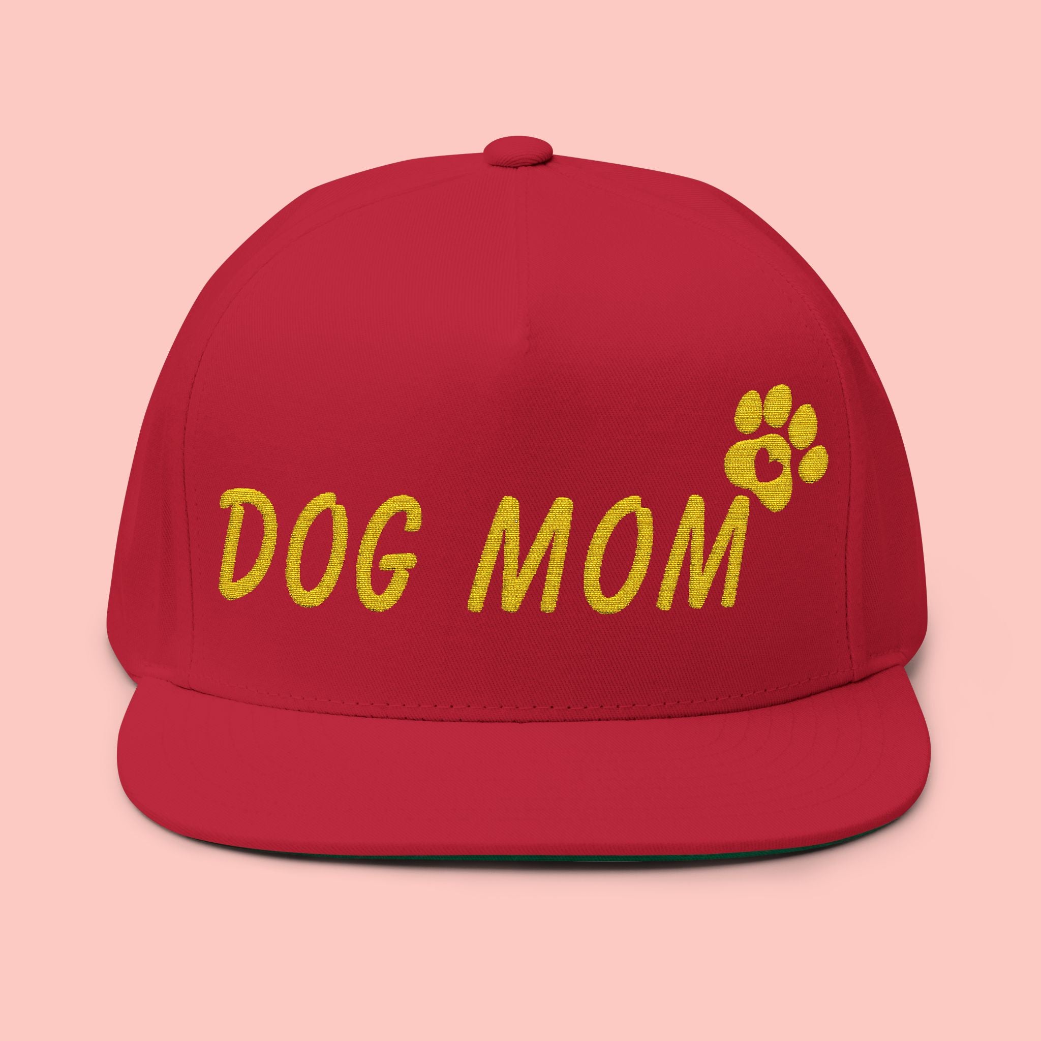 Dog Mom Embroidered Flat Bill Cap — Paw Print Snapback Hat