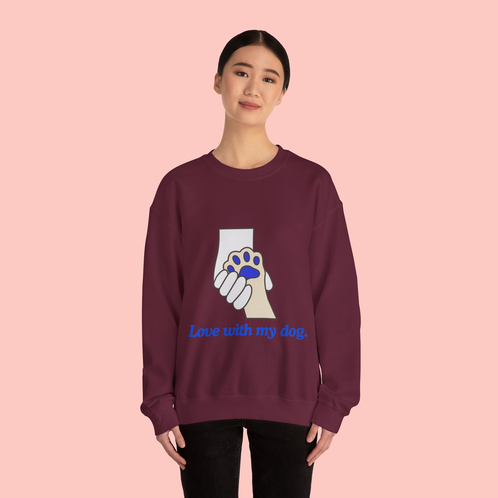 Dog Lover Crewneck Sweatshirt — "Love with my dog." Paw & Hold Graphic
