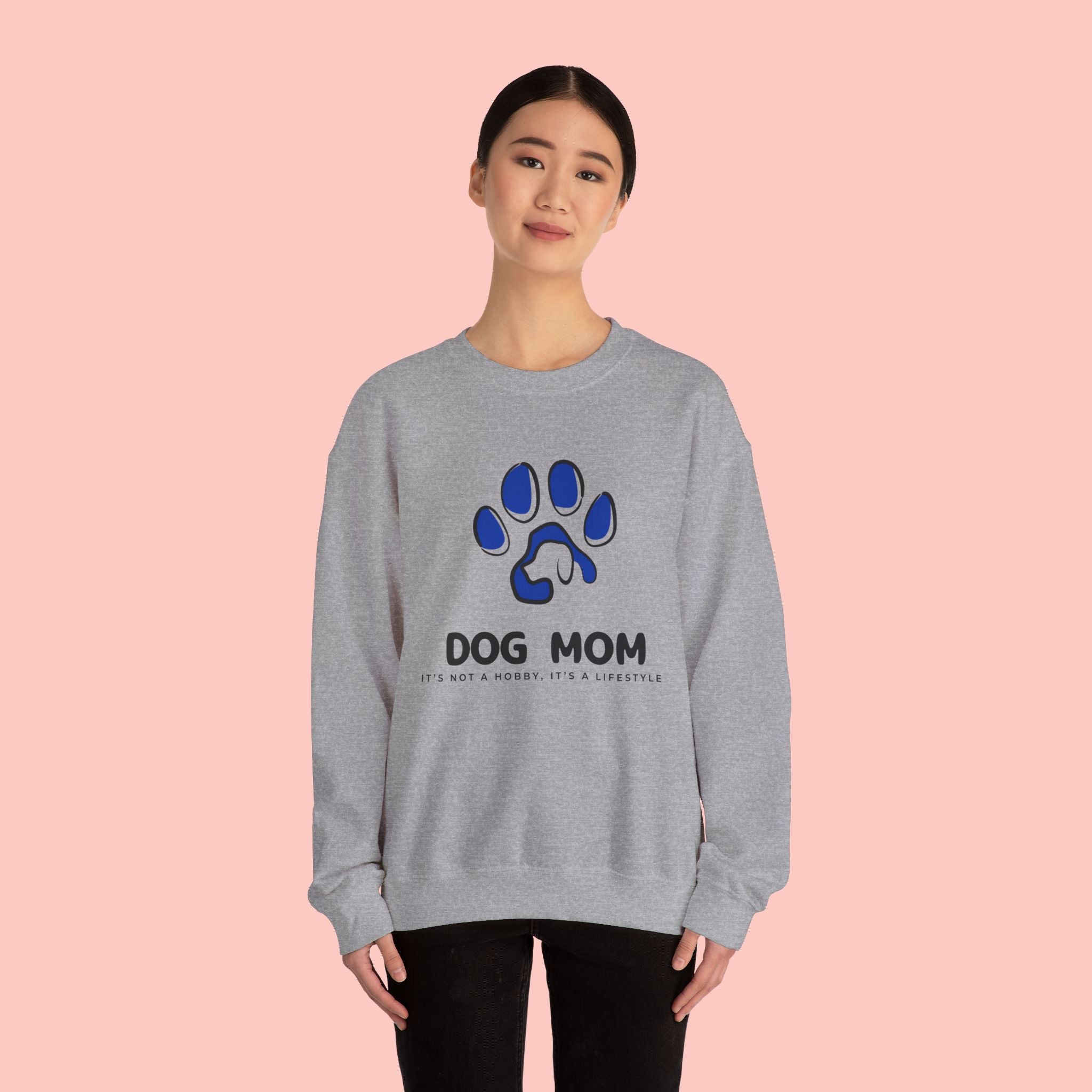 Dog Mom Crewneck Sweatshirt – Blue Paw Graphic "Dog Mom"