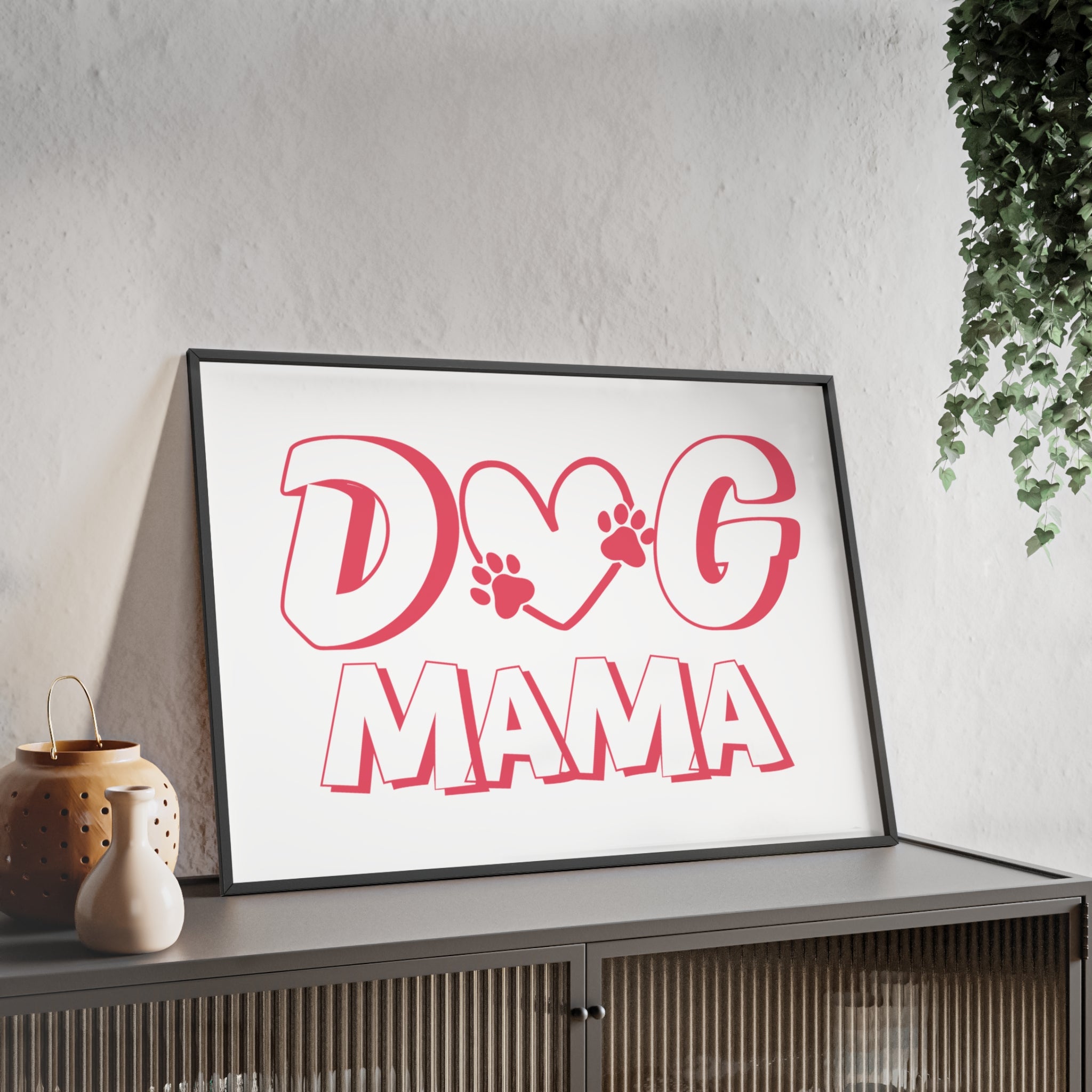 Dog Mama Wall Poster with Wooden Frame — Pink Paw Heart Decor
