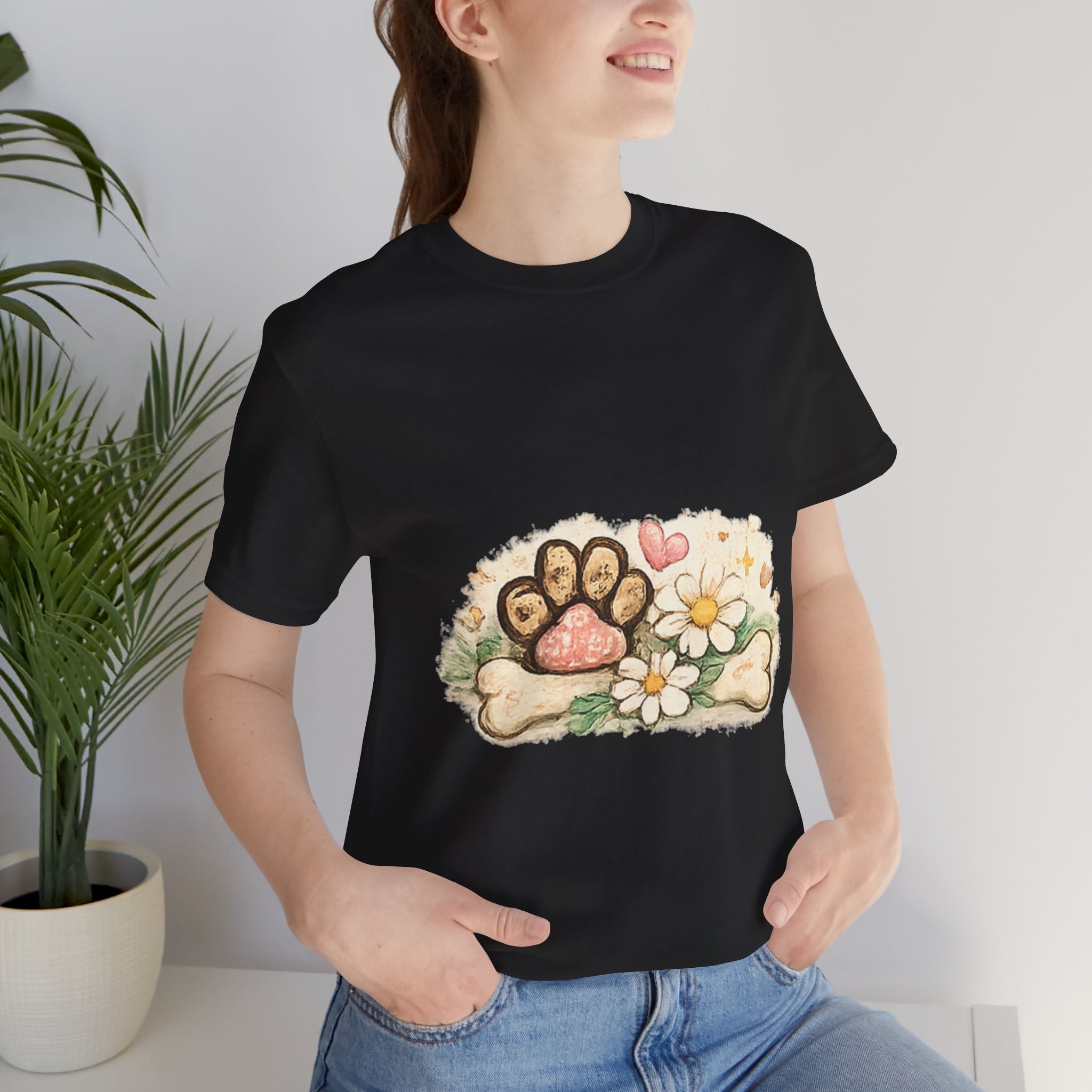 Dog Paw Floral T-Shirt — Cute Paw Print, Bone & Daisies Tee