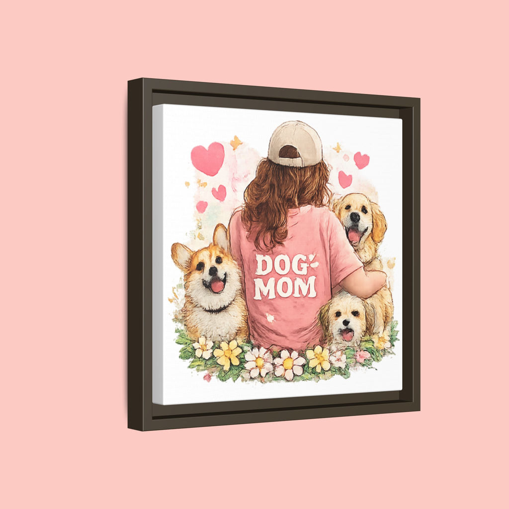 Dog Mom Canvas Print — Framed Matte Wall Art with Cute Dogs & Hearts