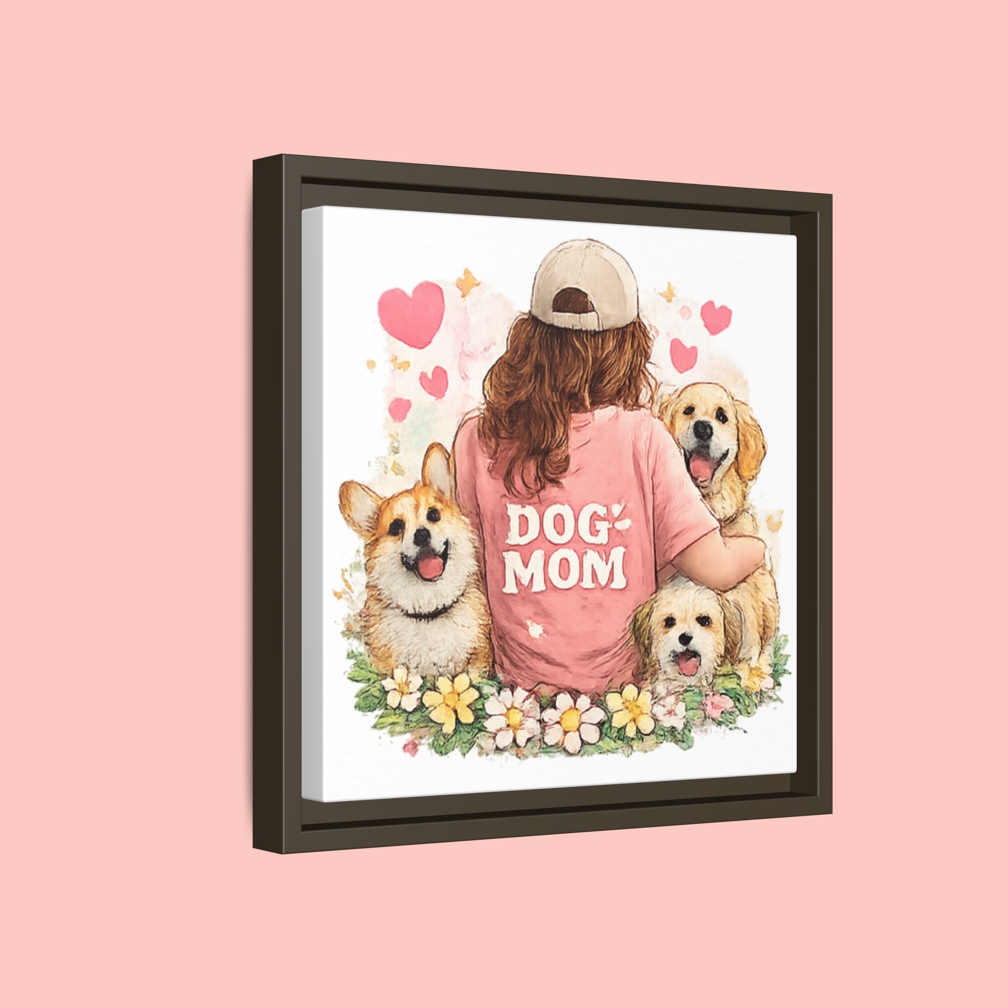 Dog Mom Canvas Print — Framed Matte Wall Art with Cute Dogs & Hearts