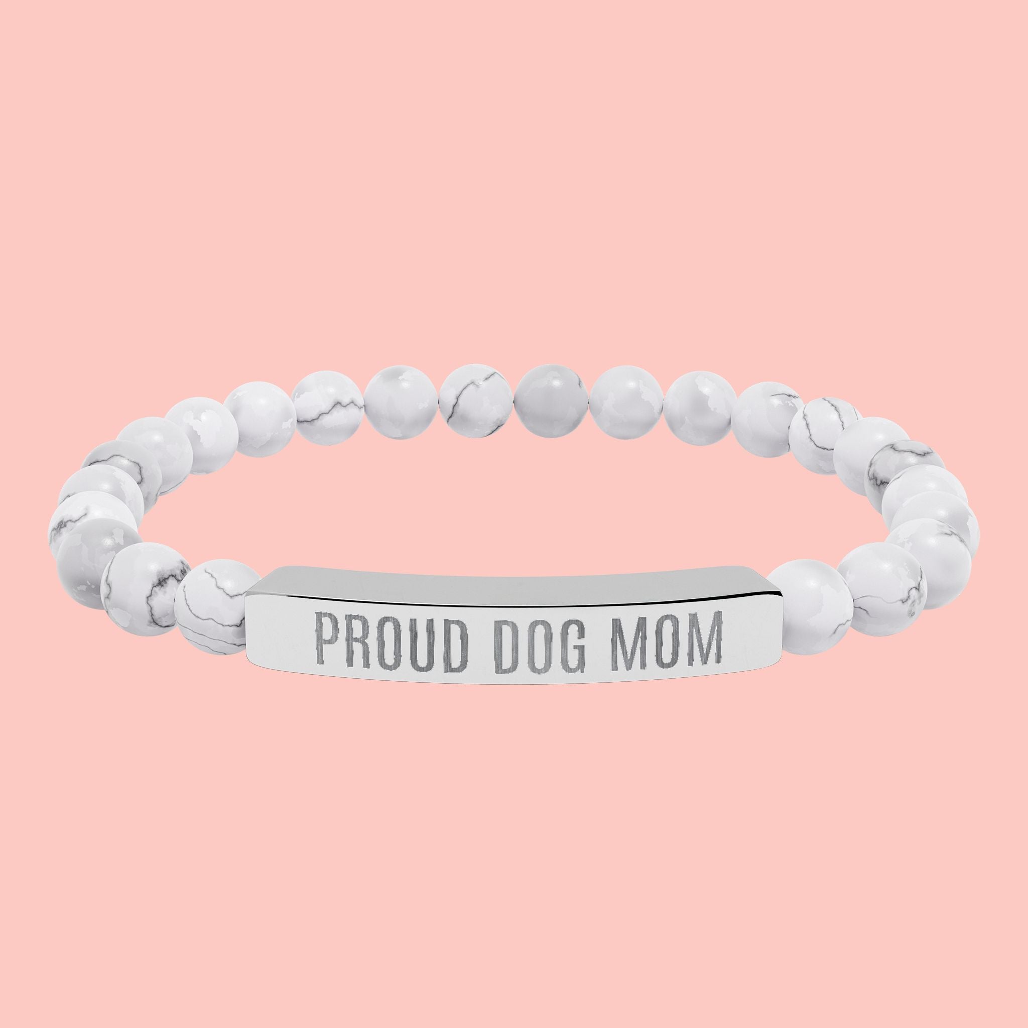 Proud Dog Mom Natural Stone Stretch Bracelet – Engraved Bar Gift for Pet Lovers