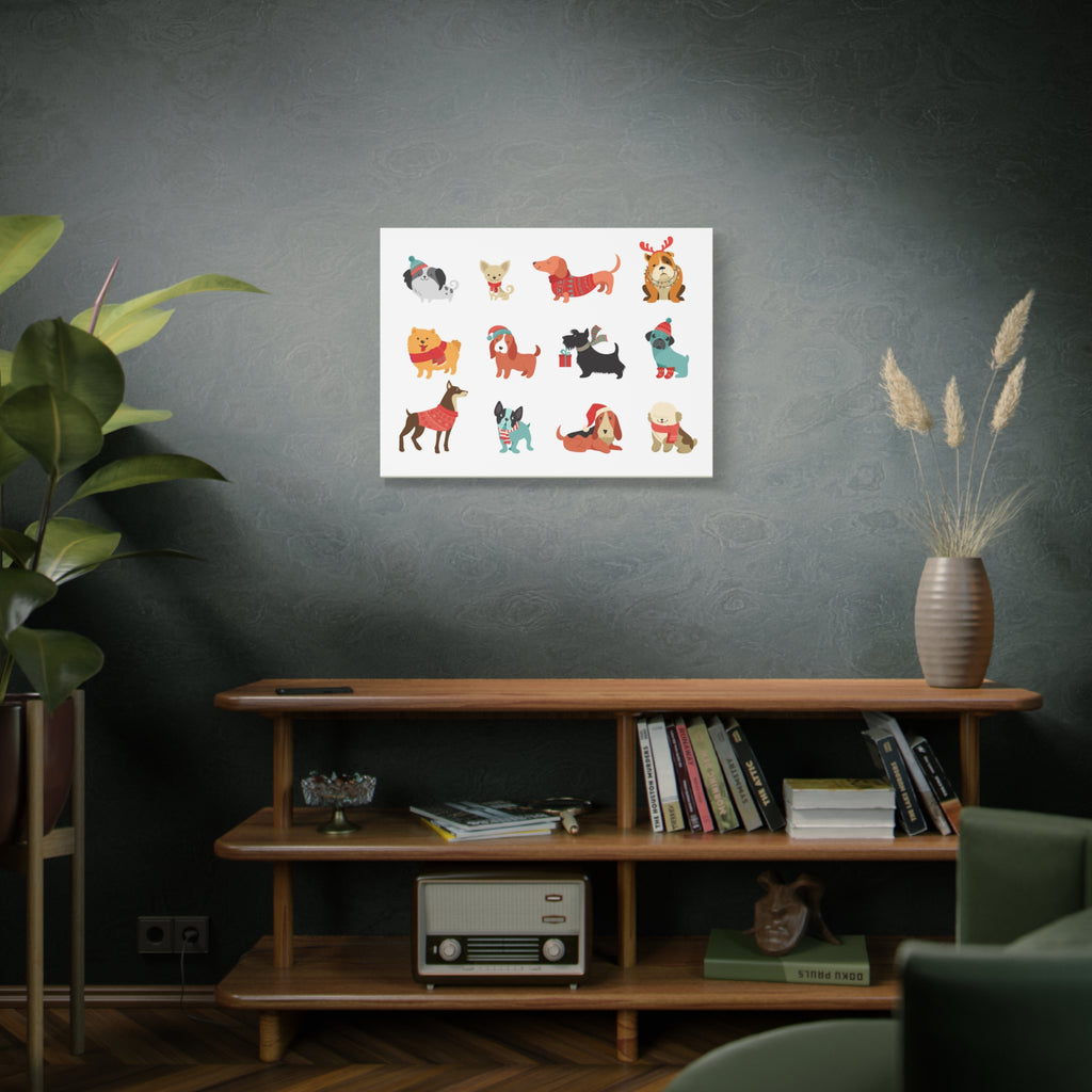Holiday Dogs Canvas Wall Art — Cute Dachshund, Pug & Mixed Breeds in Winter Sweaters