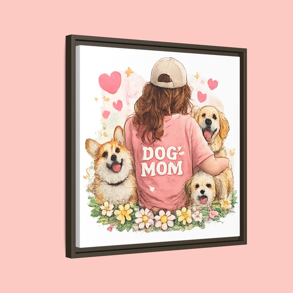 Dog Mom Canvas Print — Framed Matte Wall Art with Cute Dogs & Hearts