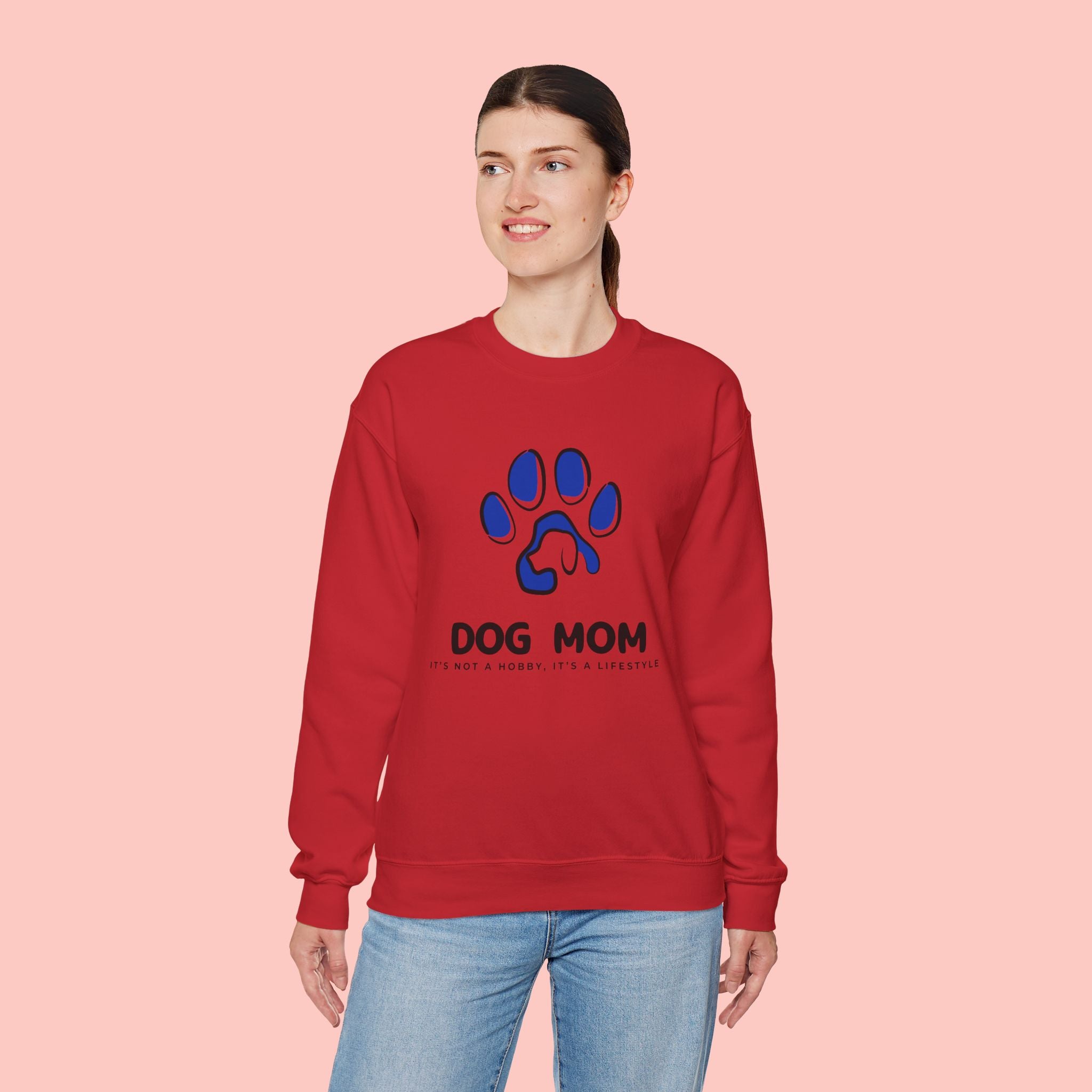 Dog Mom Crewneck Sweatshirt – Blue Paw Graphic "Dog Mom"