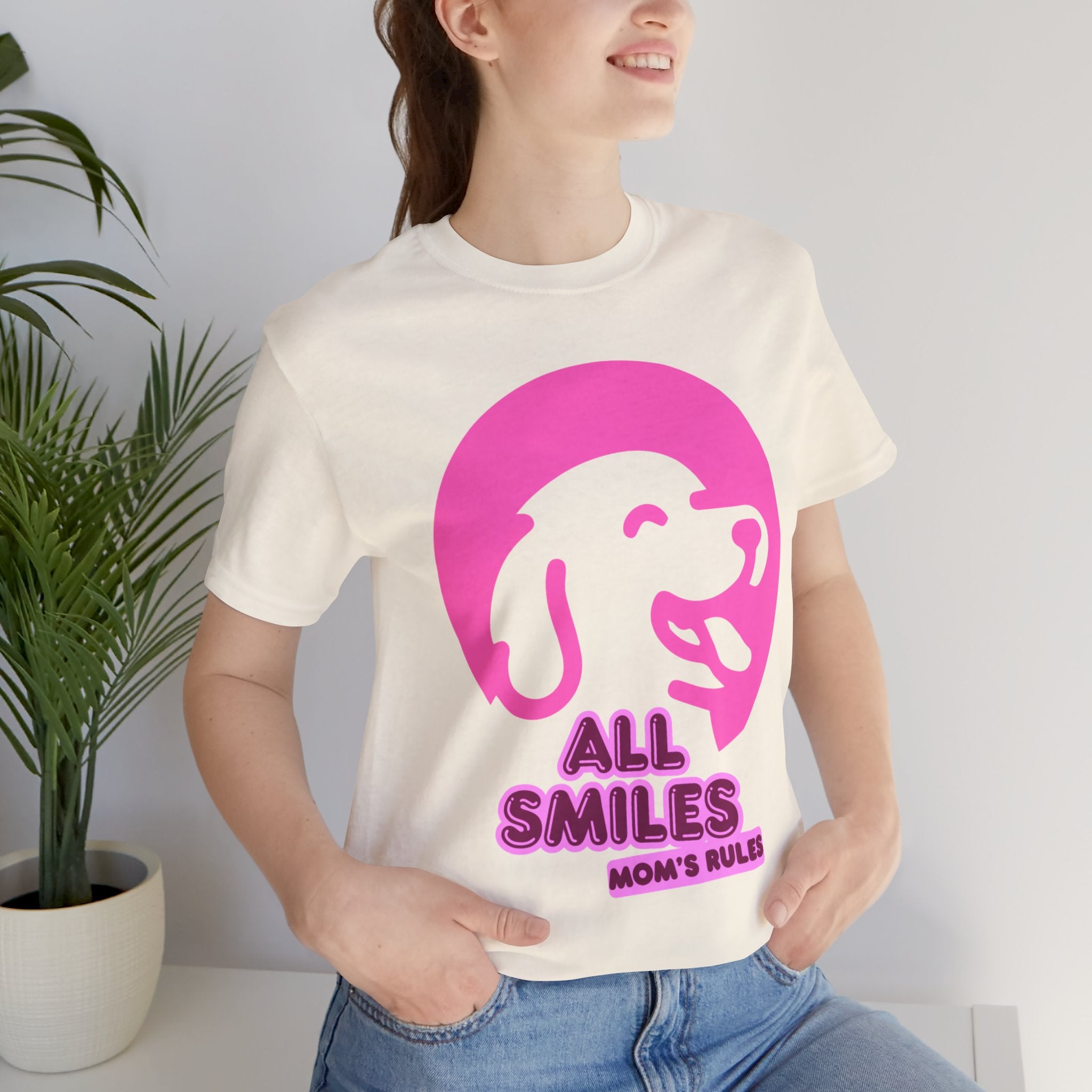 All Smiles Mom's Rules T-Shirt — Cute Pink Dog Graphic Tee for Moms & Pet Lovers