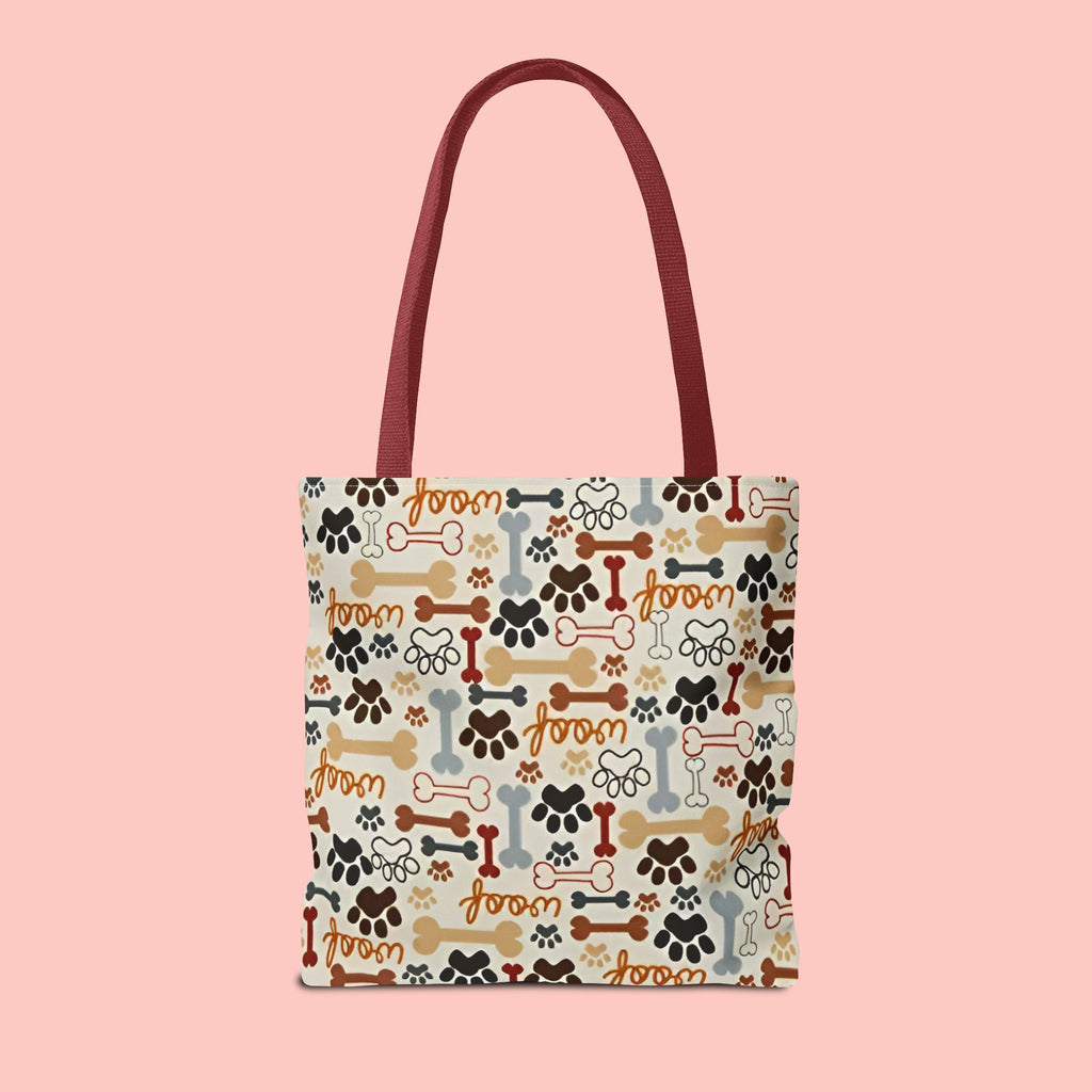 Dog Paw & Bone Pattern Tote Bag — 'Woof' All-Over Print Canvas Tote