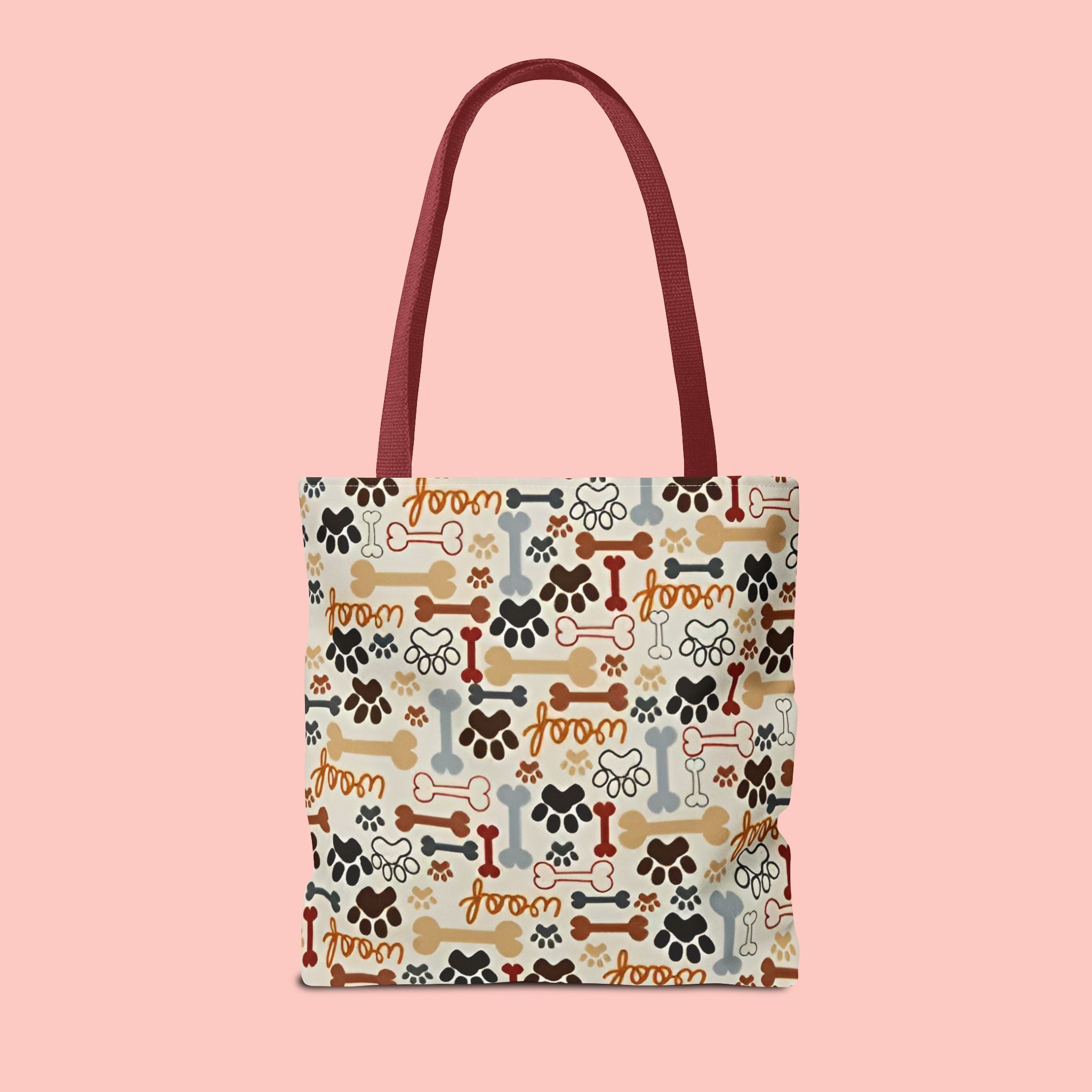 Dog Paw & Bone Pattern Tote Bag — 'Woof' All-Over Print Canvas Tote