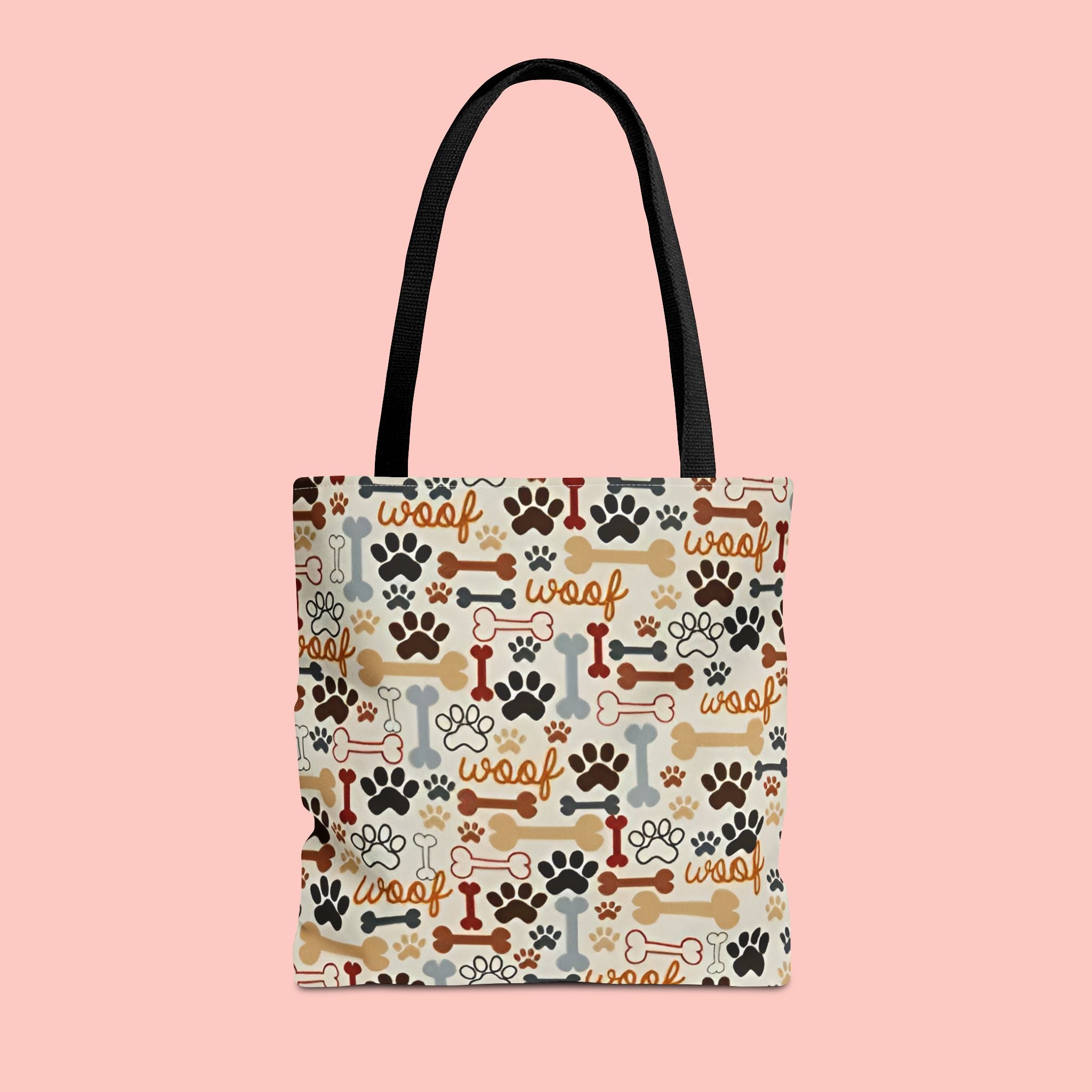 Dog Paw & Bone Pattern Tote Bag — 'Woof' All-Over Print Canvas Tote